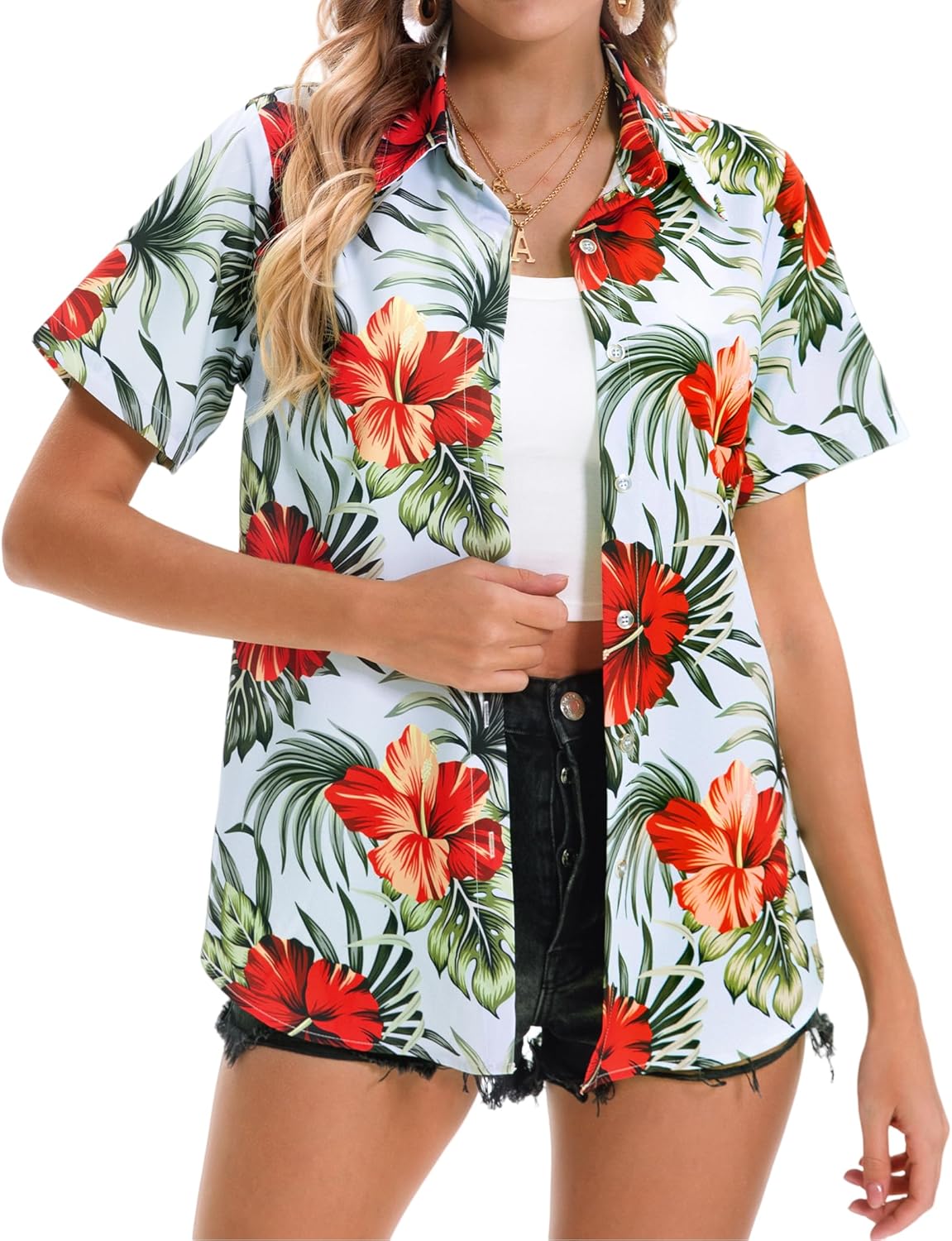 Womens Hawaiian Shirt Soft Cool Summer Floral V Neck T-Shirt