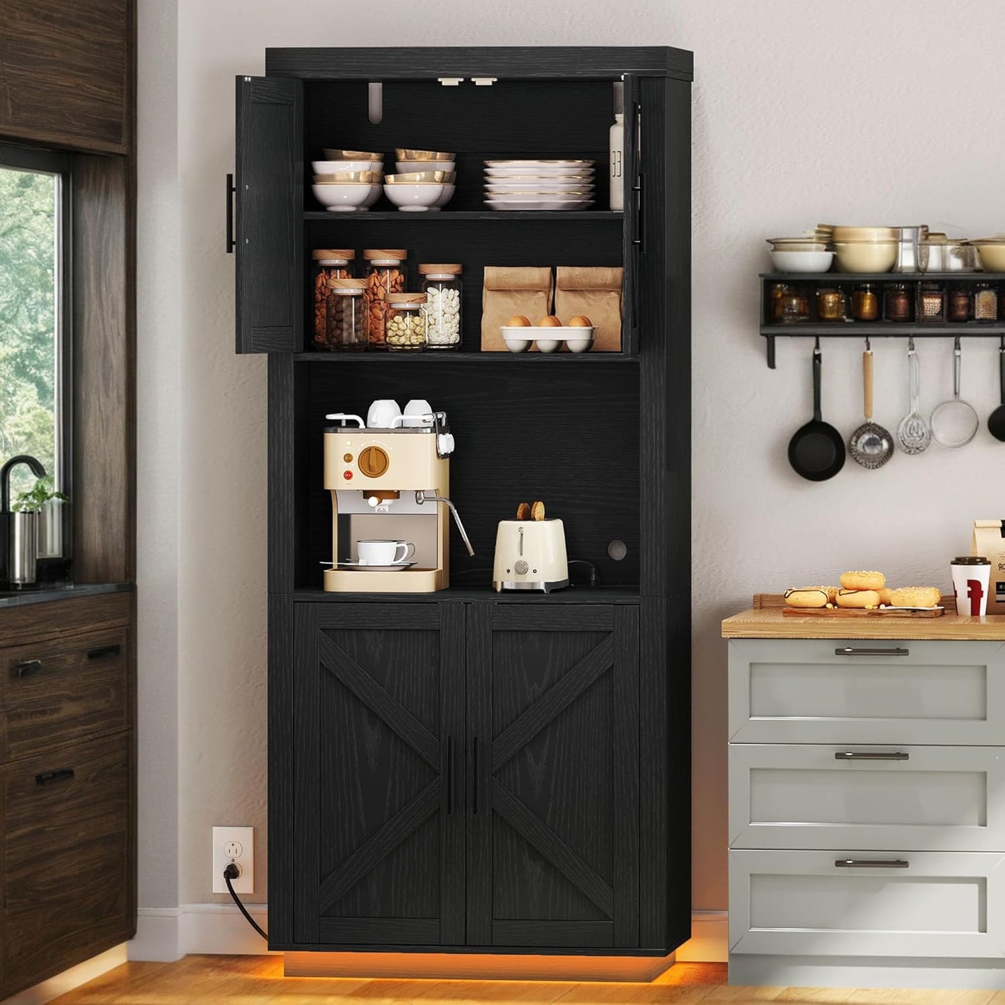 YITAHOME 71 Tall Kitchen Pantry Cabinet w/ LED & Power Outlet