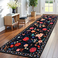 Black Floral Runner Rug 2ft6in x 8ft - Machine Washable Hallway Runner