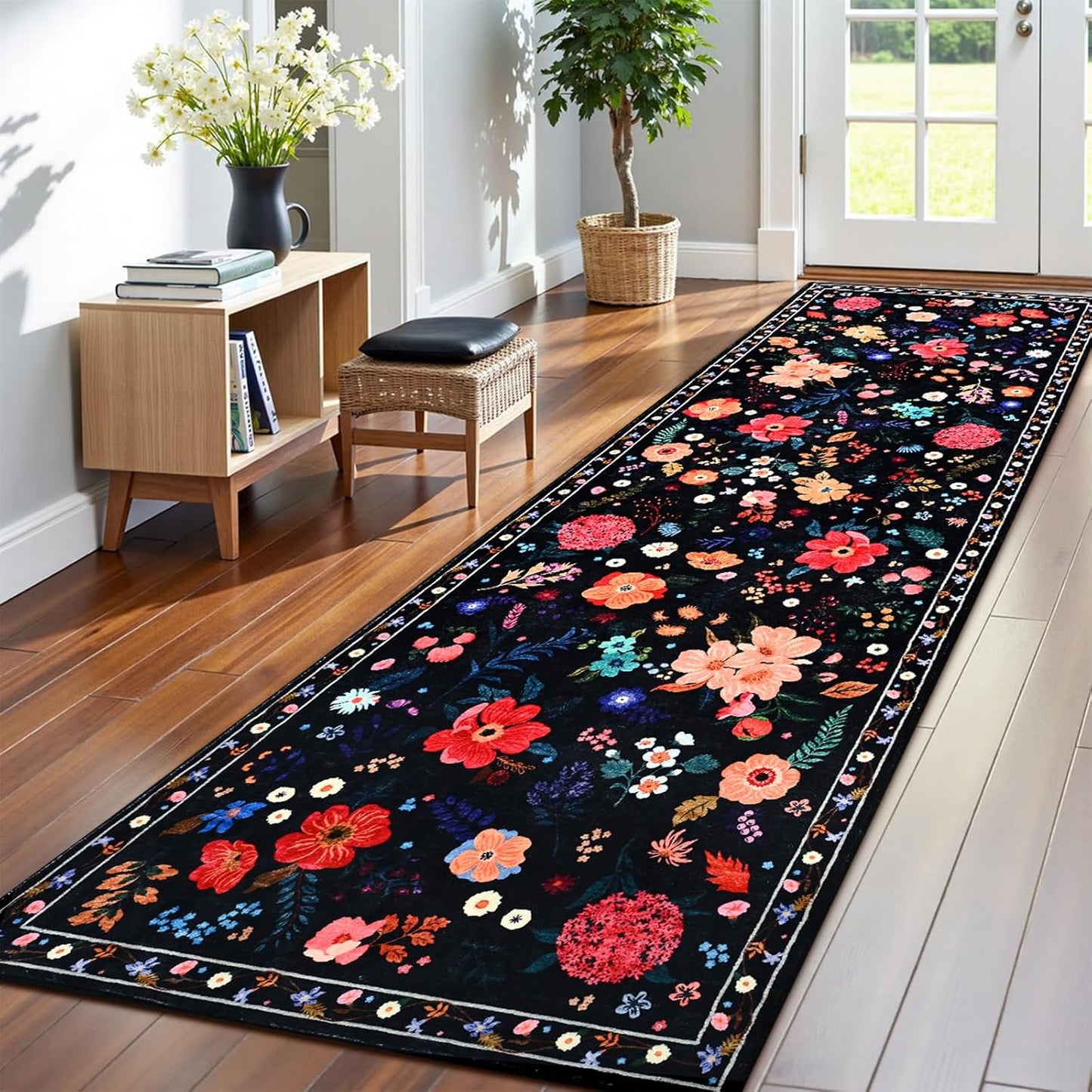 Terrug Black Floral Area Rug - Boho Machine Washable Runner
