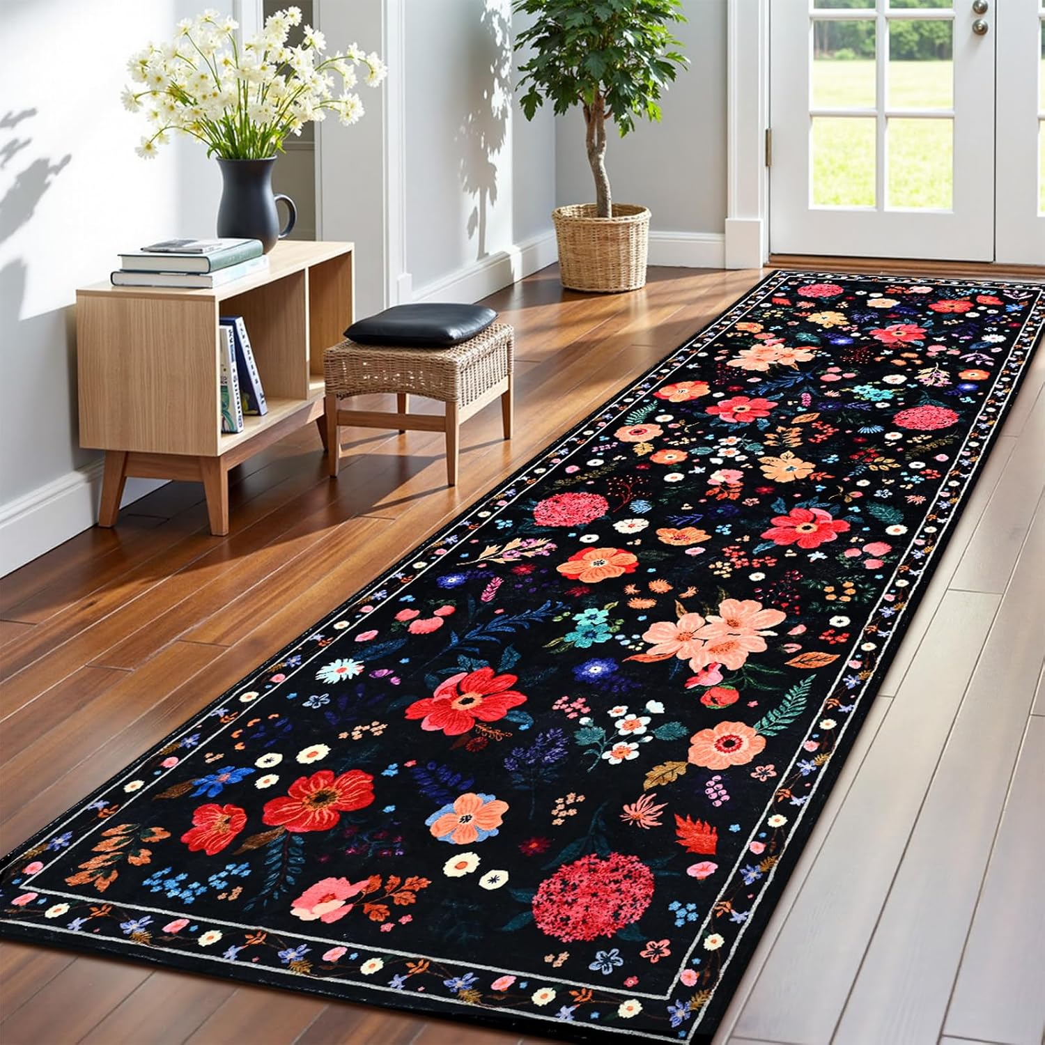 Terrug Black Floral Area Rug - Boho Machine Washable Runner