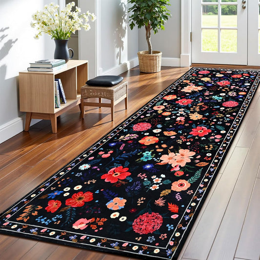 Terrug Black Floral Area Rug - Boho Machine Washable Runner