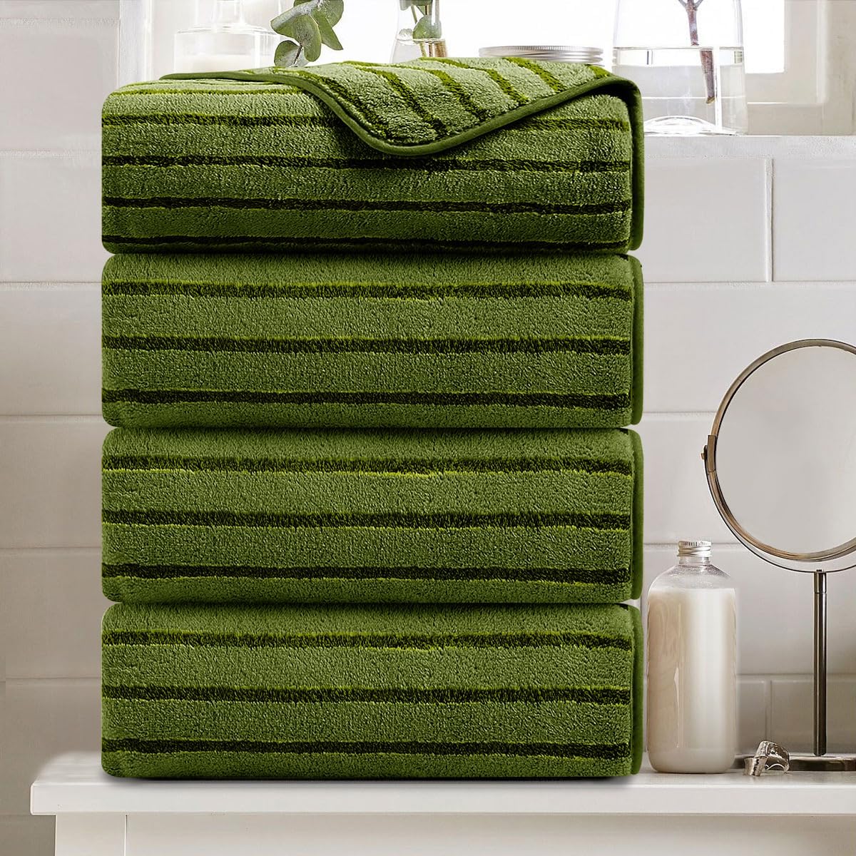 Oversized Army Green Cabana Stripe Bath Towels Set of 4 Pcs