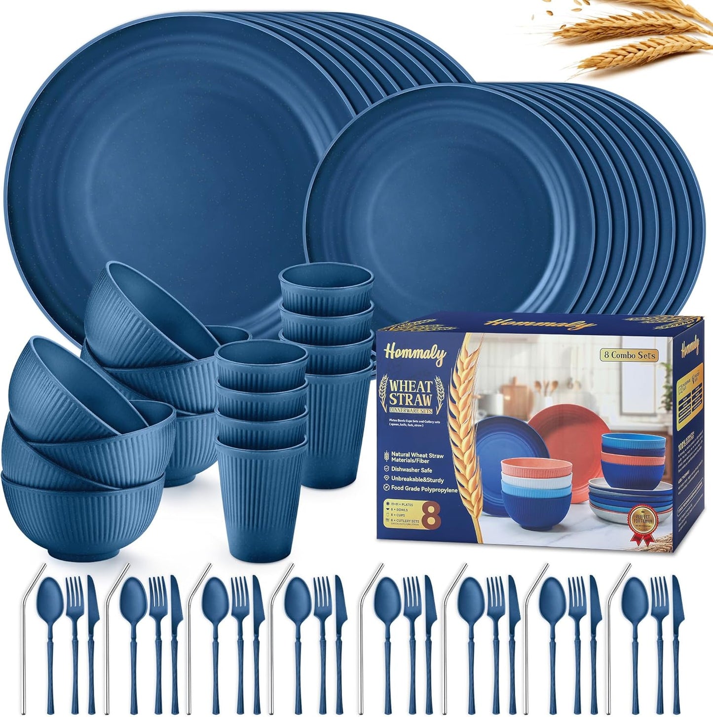 Wheat Straw Dinnerware Sets - Unbreakable 64-Piece Set for 8