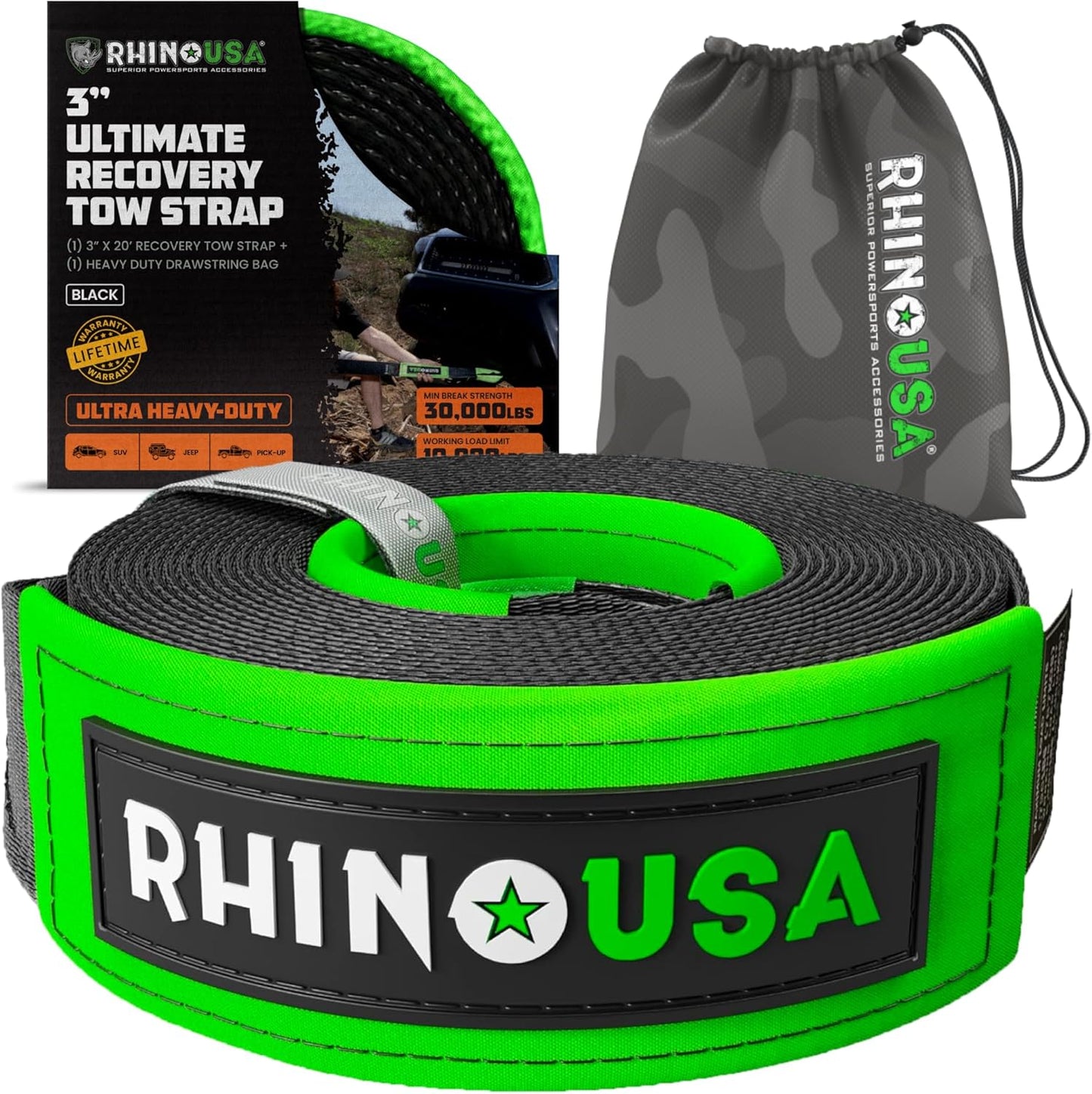 Rhino USA Recovery Tow Strap - Heavy Duty 31,518lb Strength