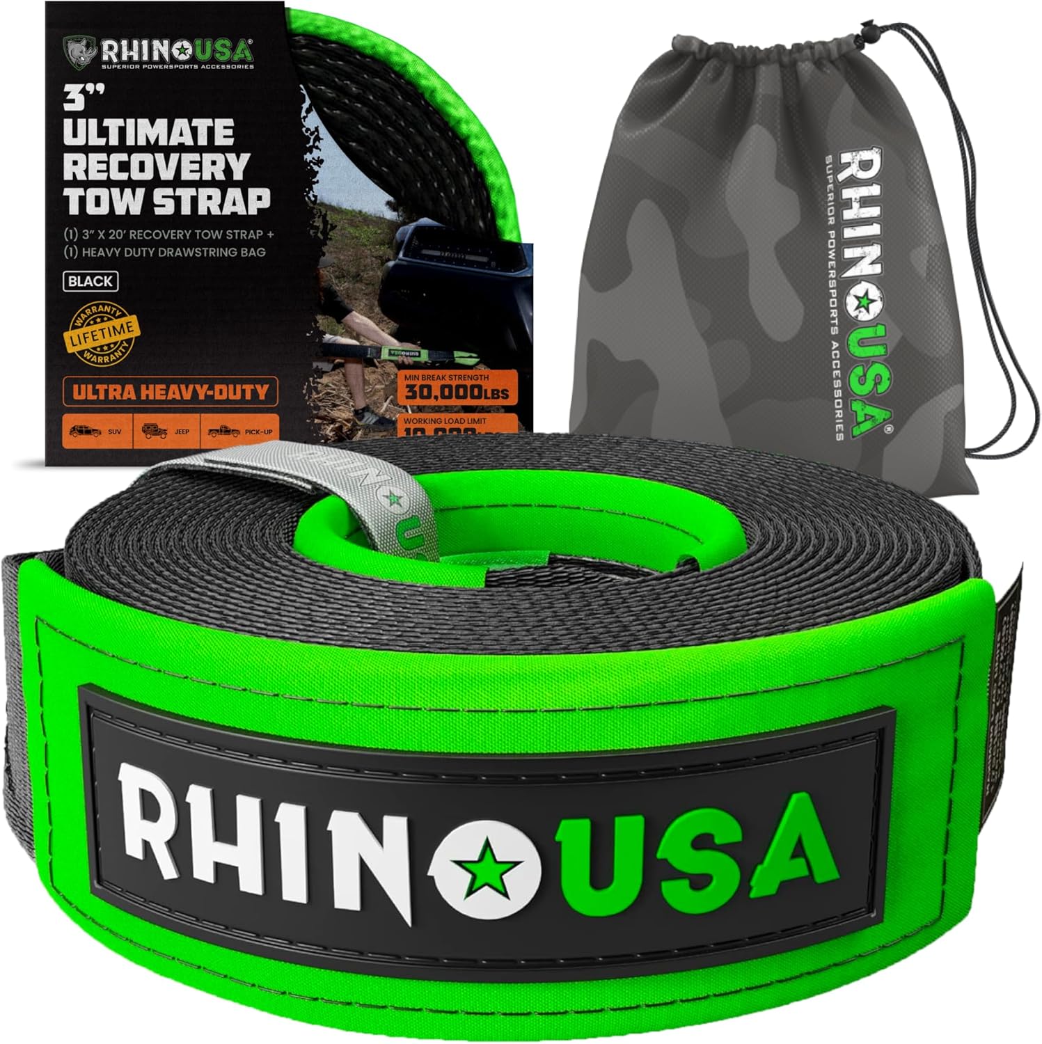 Rhino USA Recovery Tow Strap - Heavy Duty 31,518lb Strength