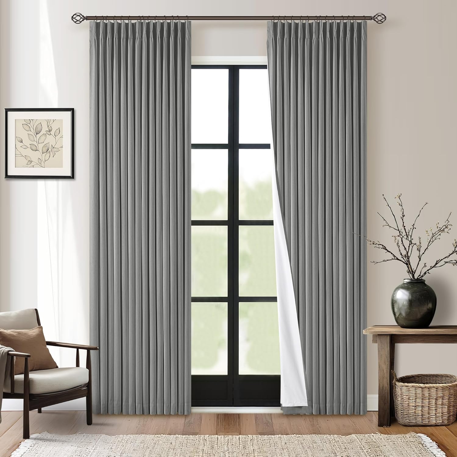 Grey Pleated Linen Blackout Curtains for Bedroom and Living Room