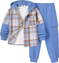 2Pcs Boys Flannel Plaid Sweatsuit Set Hoodie and Jogger Pants - Warm