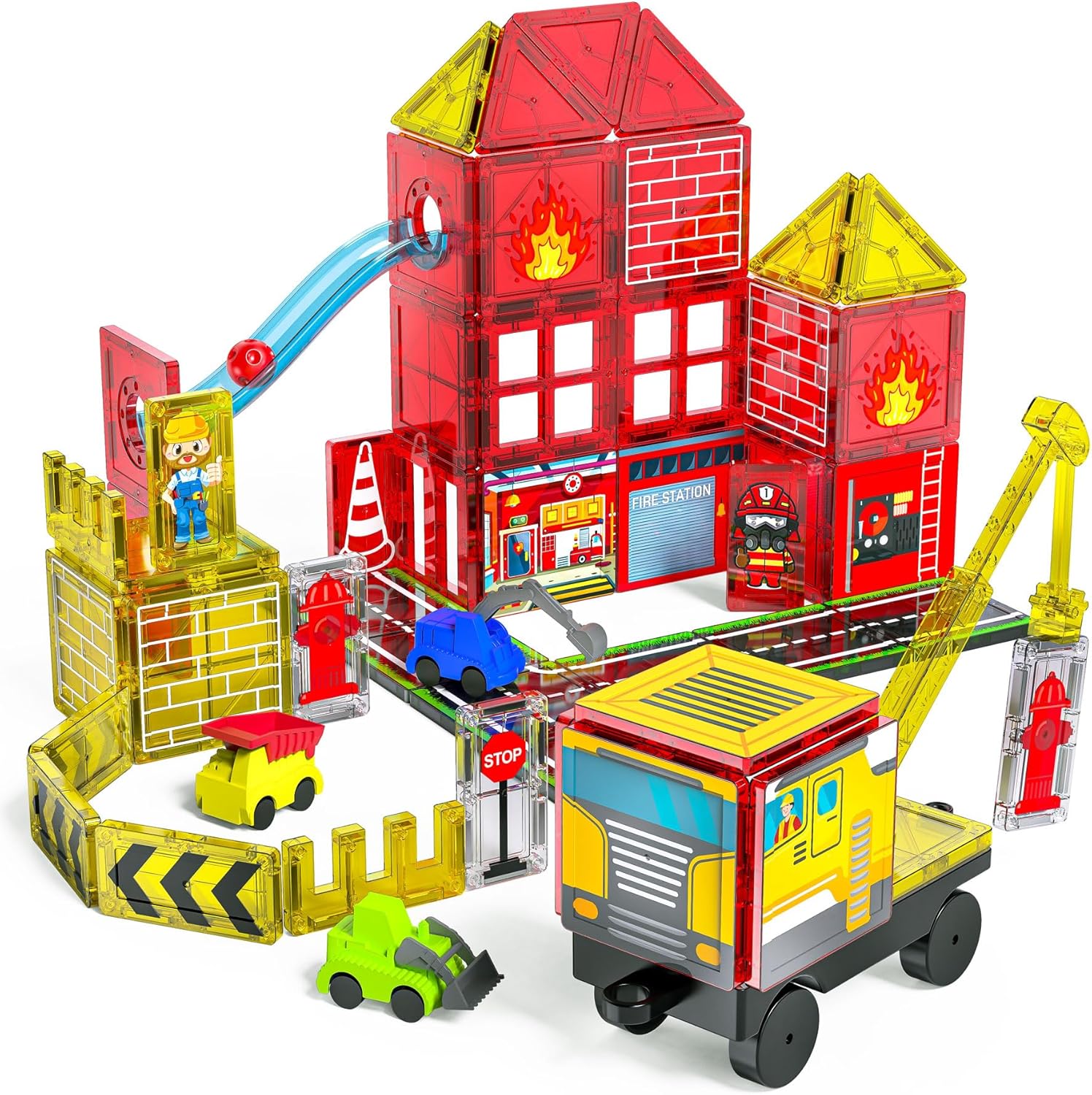 Magnetic Tiles for Kids - Fire Truck & Construction Playset