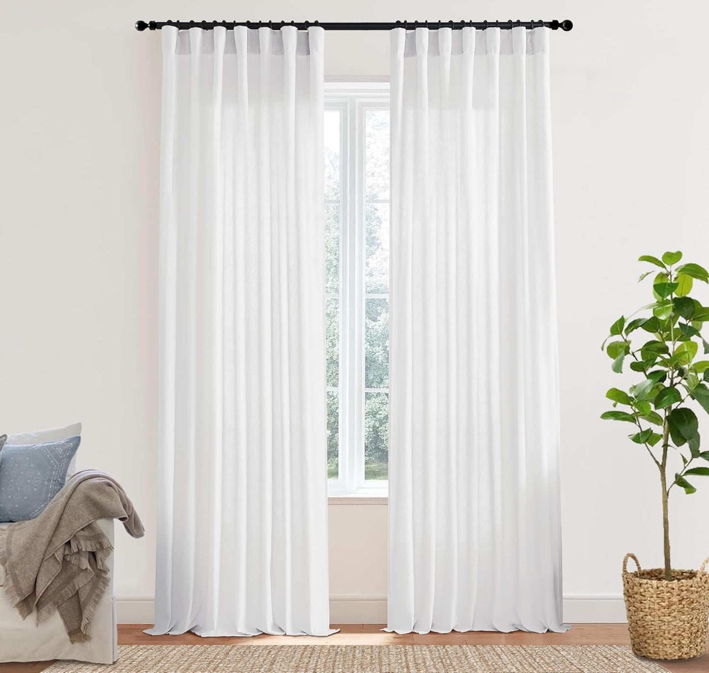XTMYI White Linen Curtains 100 Inch Length for Modern Homes