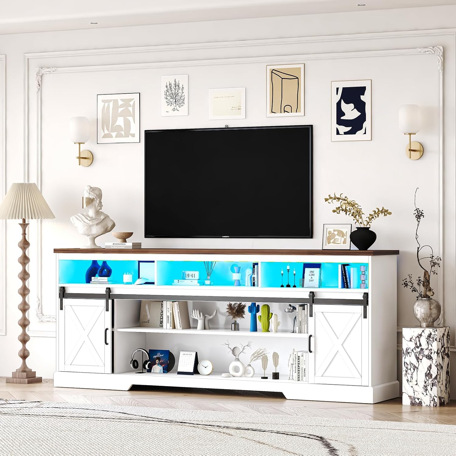 Farmhouse TV Stand w/ Power Outlet & Storage