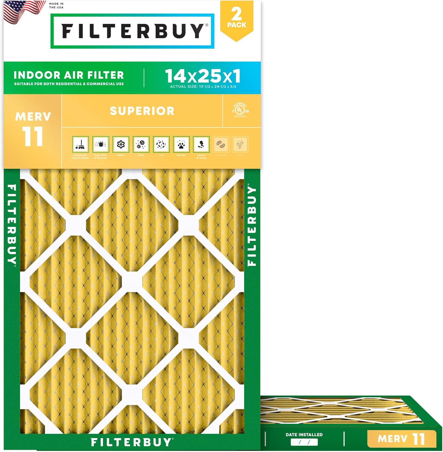 Filterbuy 14x25x1 Air Filter MERV 11 for Pet and Allergy Defense