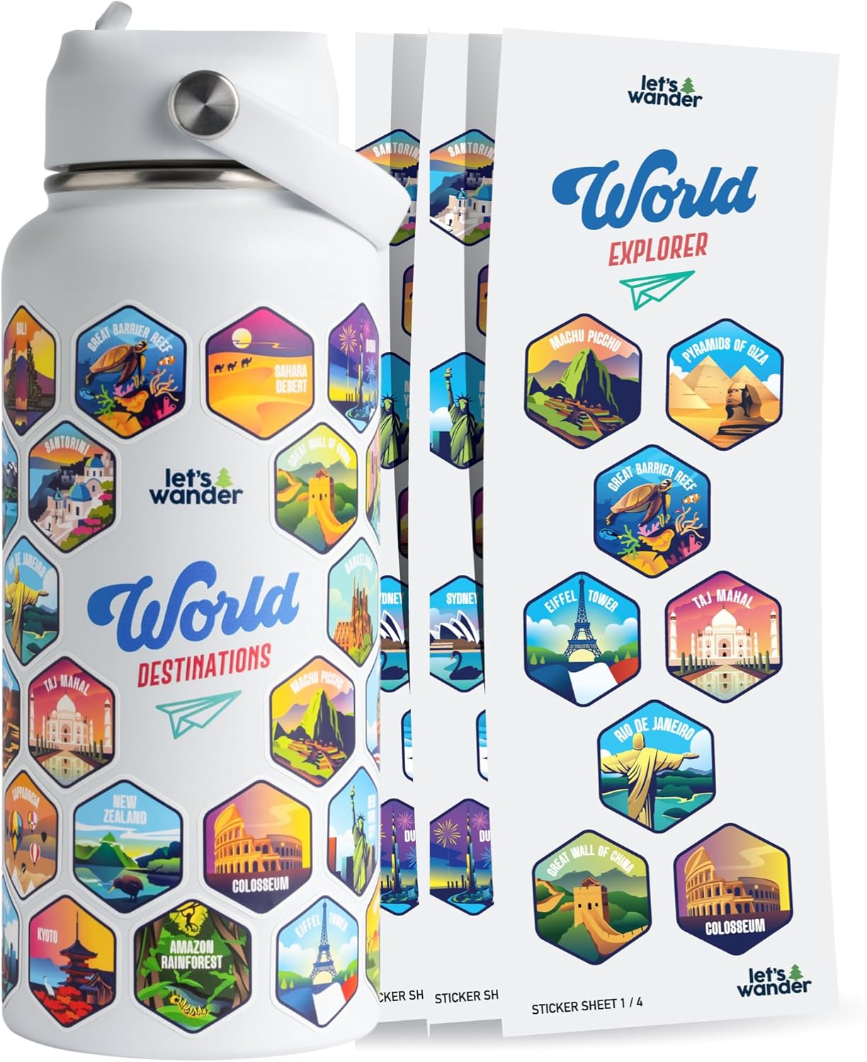 World Water Bottle with 50 Waterproof Stickers - 32oz Insulated