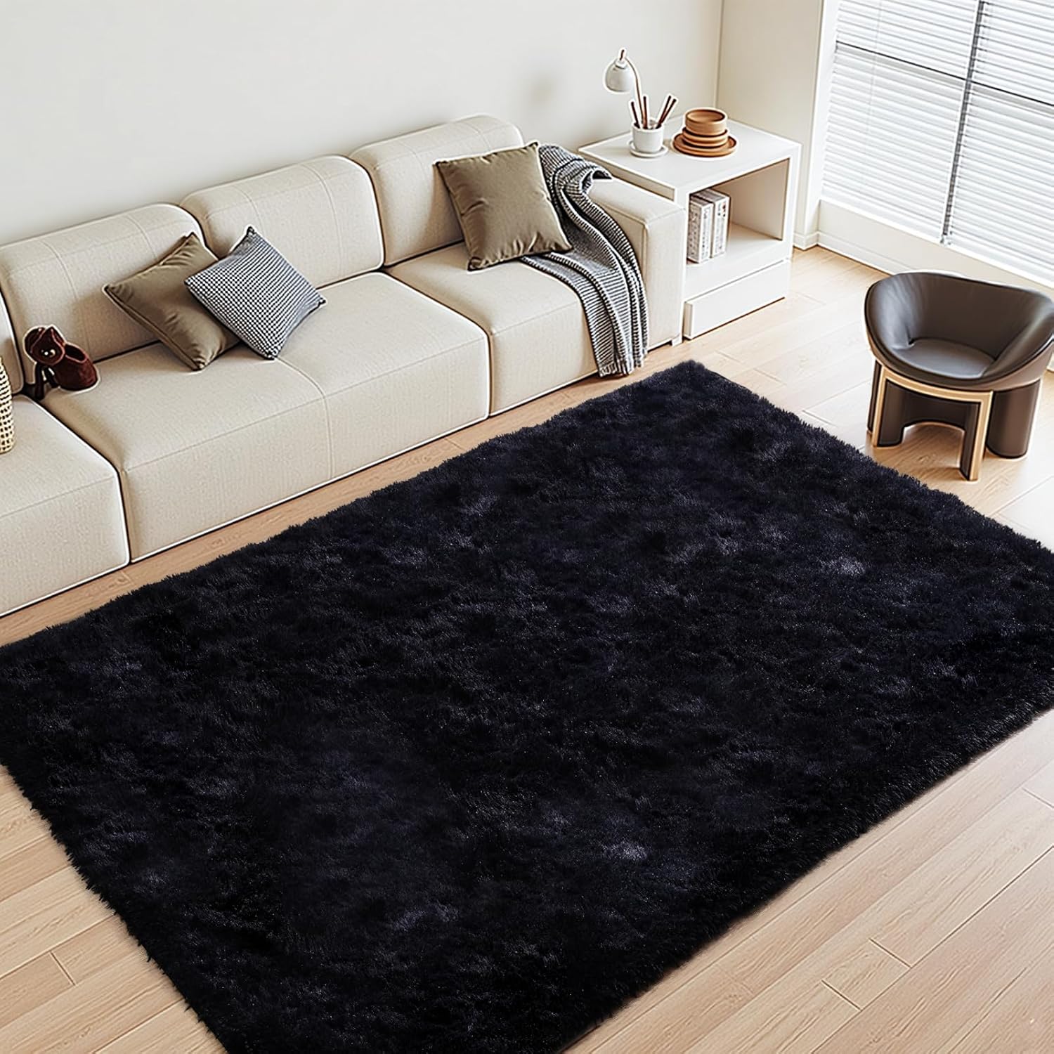 Ultra-Soft Fluffy Black Rug 4x6 ft - Non-Slip Shag Carpet - 1.7'' Thick Plush - LoutiRoot Home