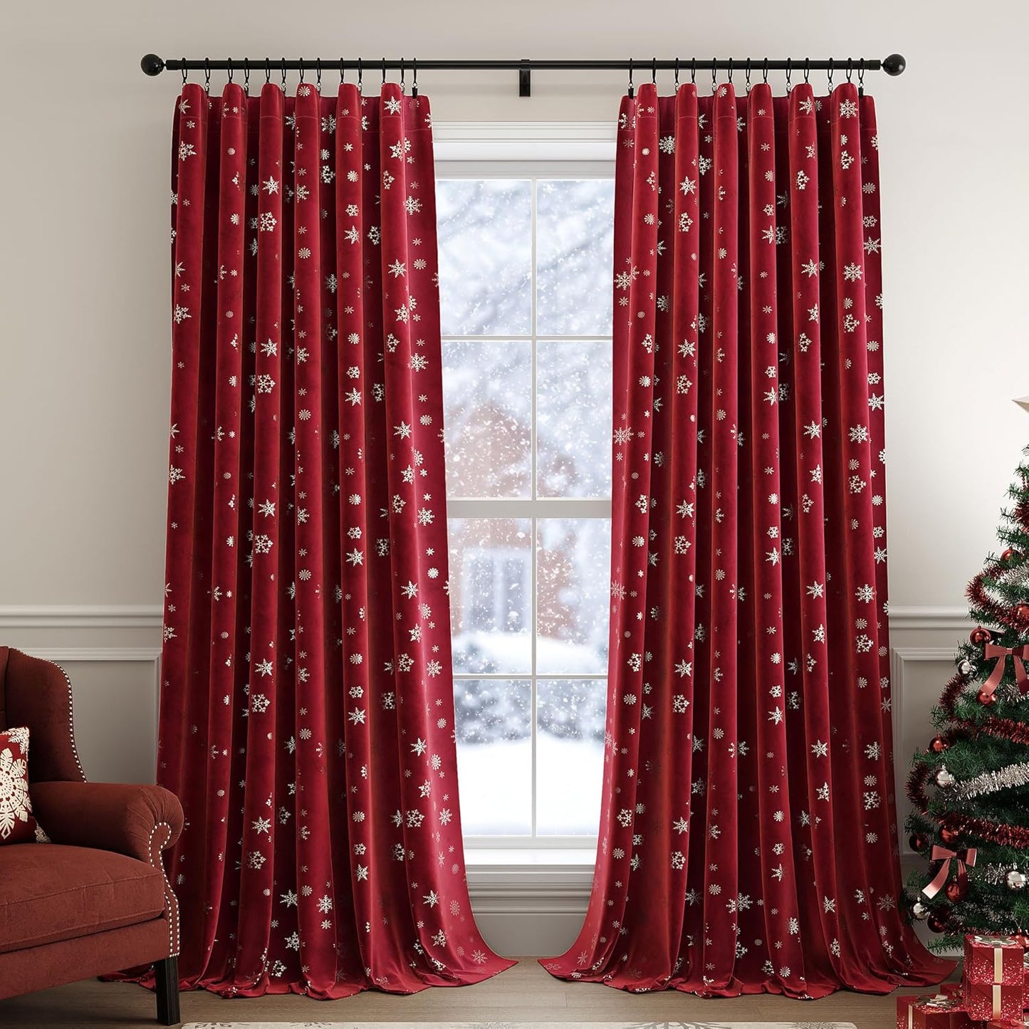 FMFUNCTEX Snowflake Red Christmas Velvet Blackout Curtains