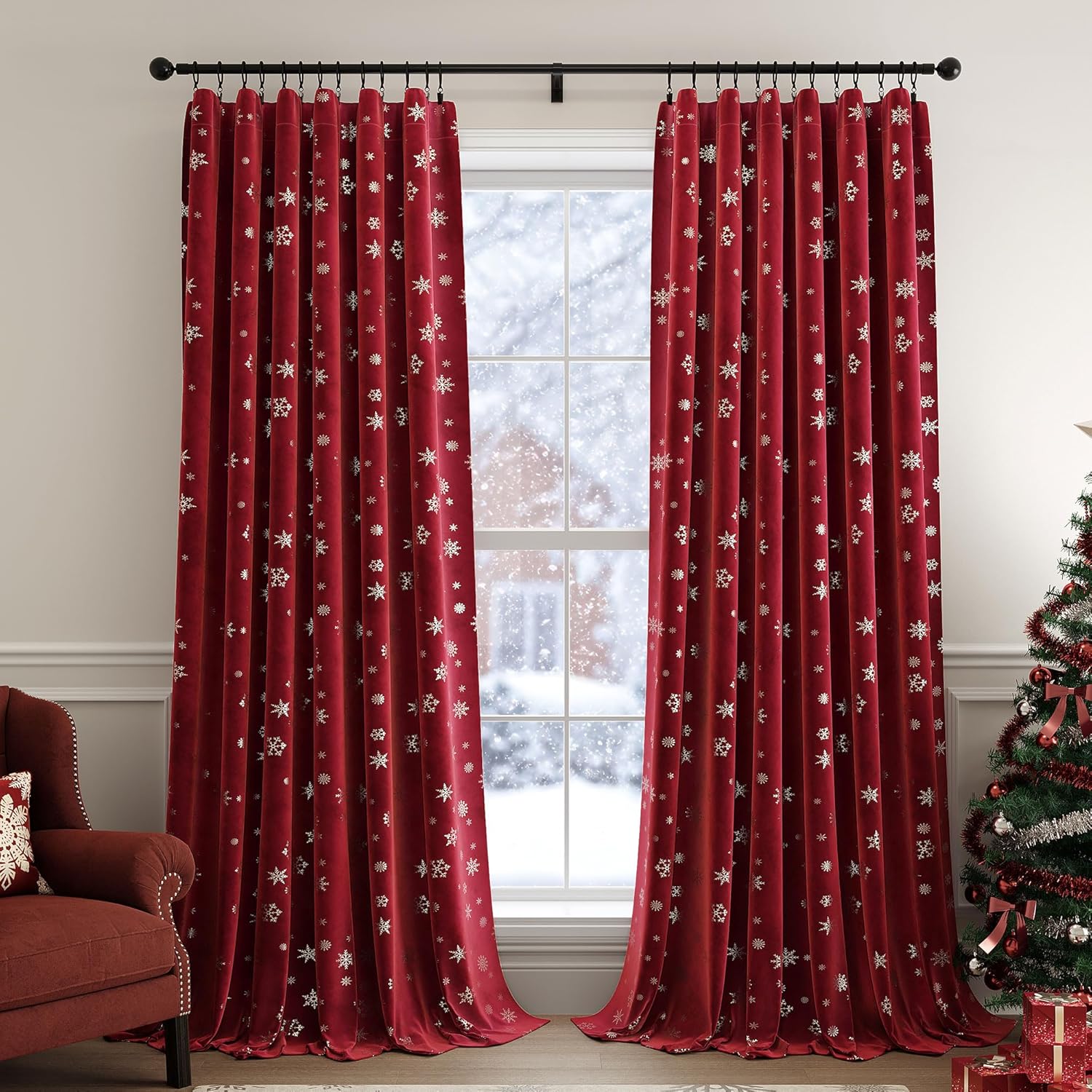 FMFUNCTEX Snowflake Red Christmas Velvet Blackout Curtains