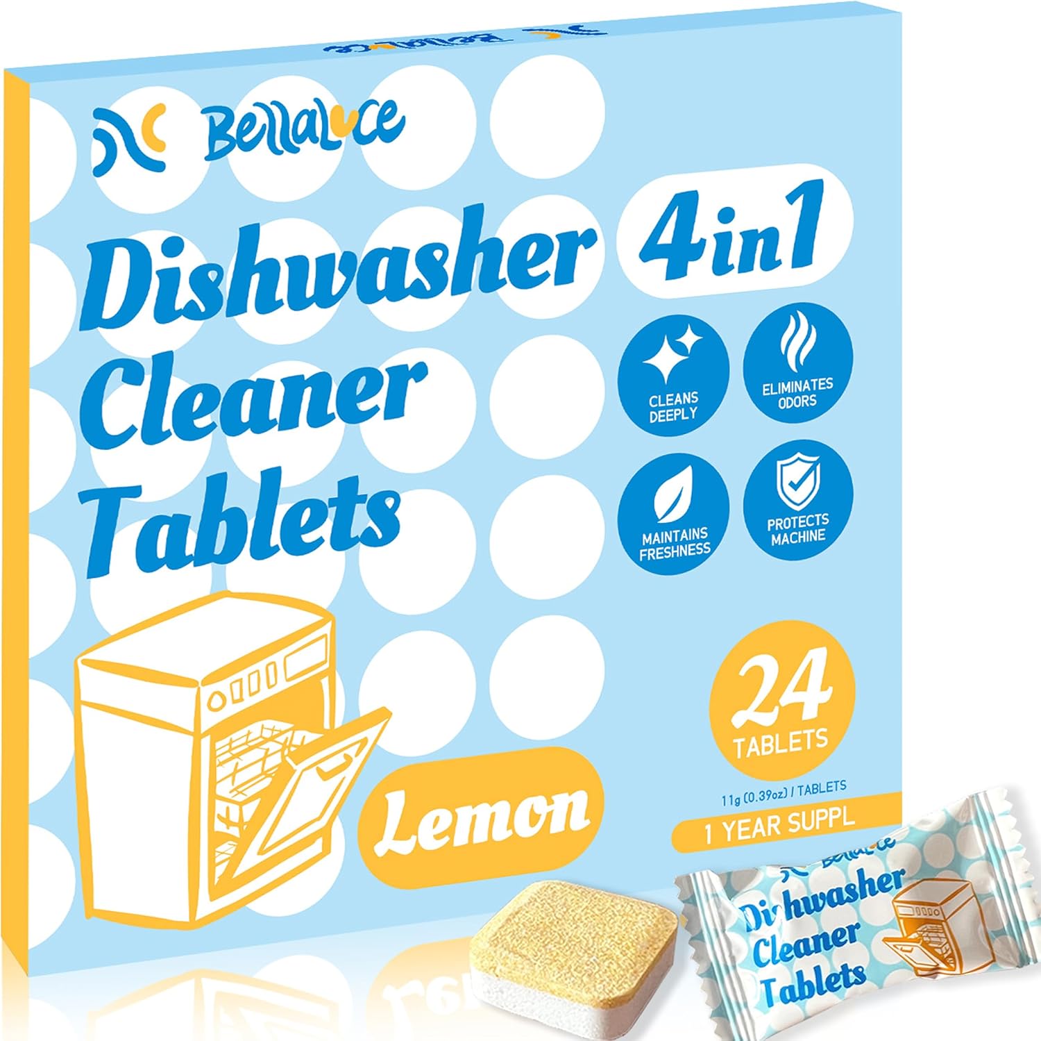 Bellaluce 24 Lemon Dishwasher Cleaning Tabs - Odor-Free Sparkle