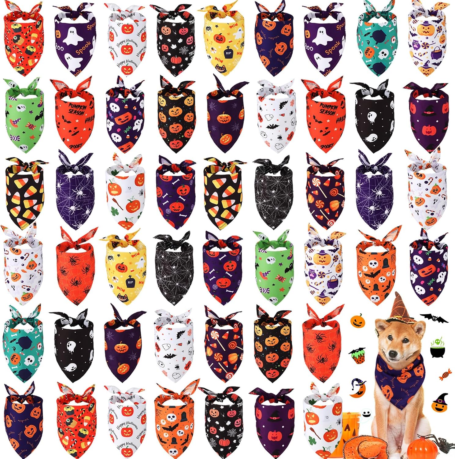 Halloween Dog Bandanas Set of 50 with Pumpkin Spider Patterns