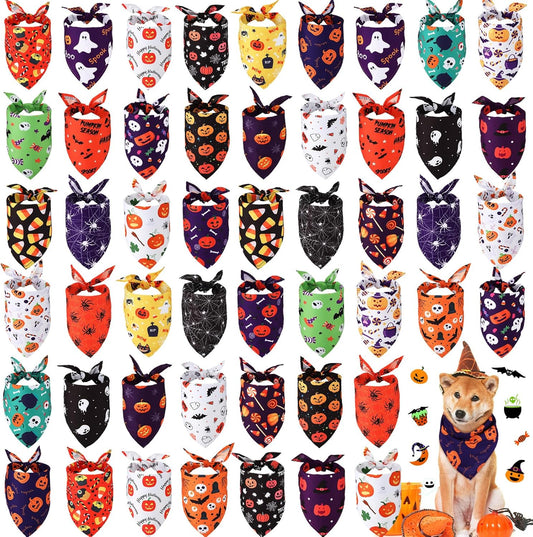 Halloween Dog Bandanas Set of 50 with Pumpkin Spider Patterns