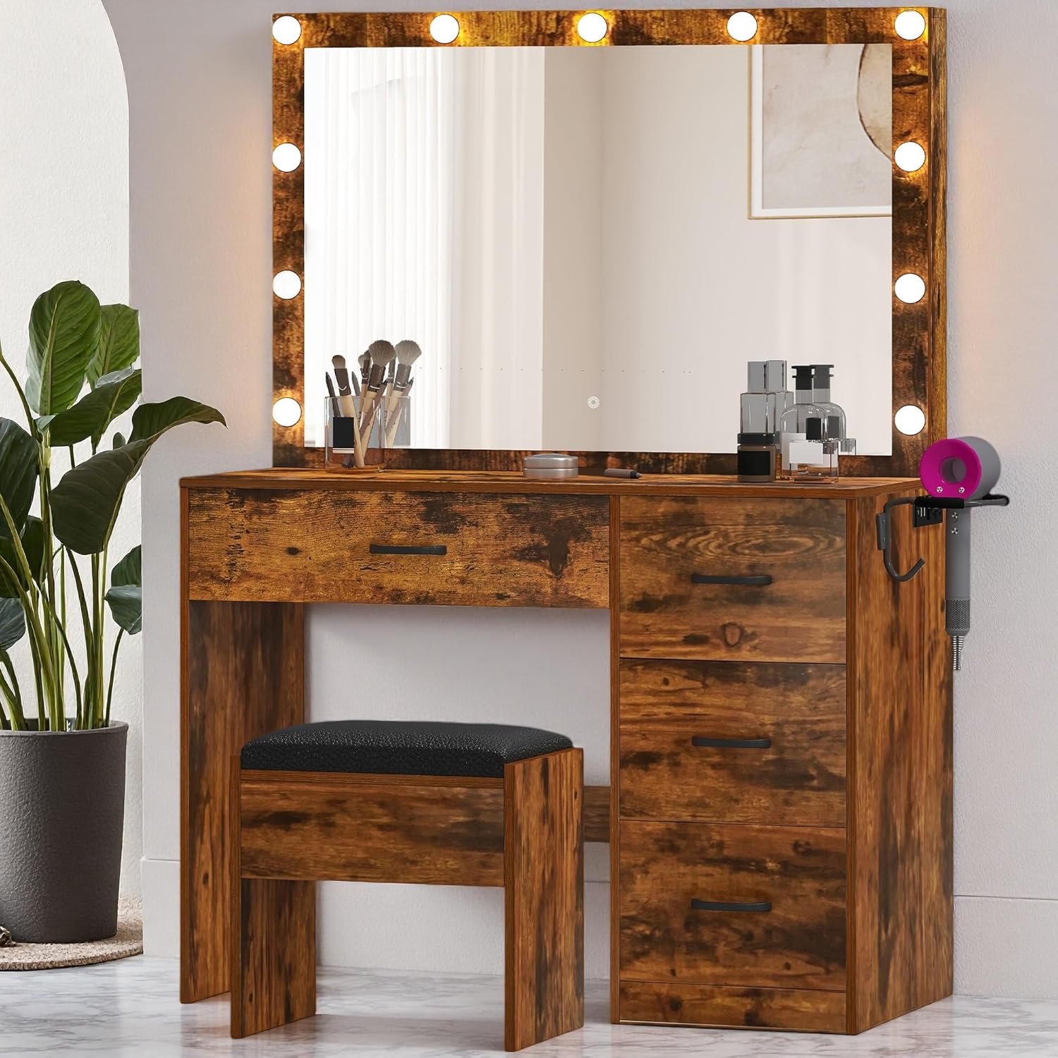 DWVO Vanity Desk with Stool and Lighted Makeup Mirror Features