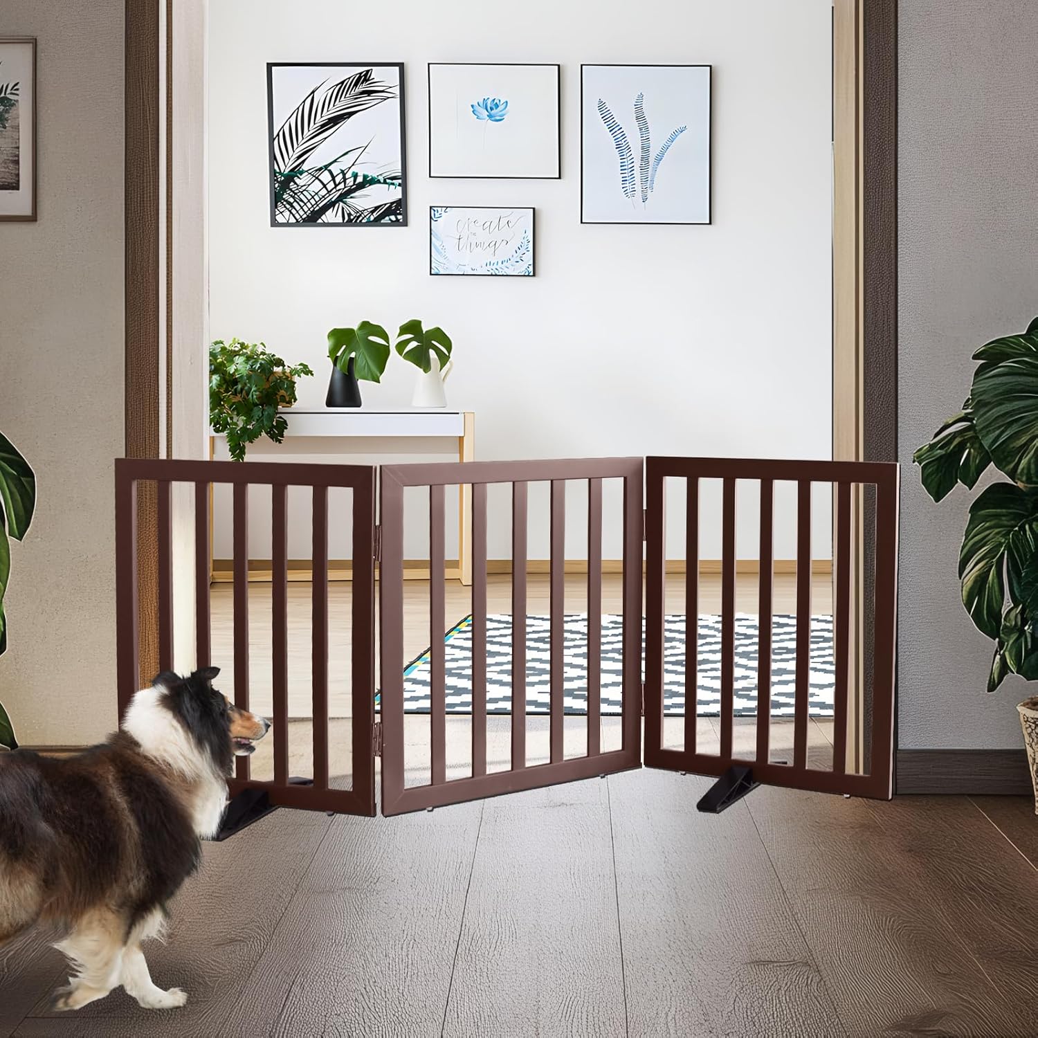Freestanding Indoor Dog Gate for House - Foldable Wood Pet Fence
