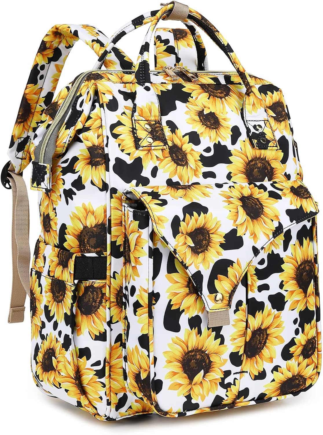 Sunflower Cow Print Laptop Backpack for College and Travel