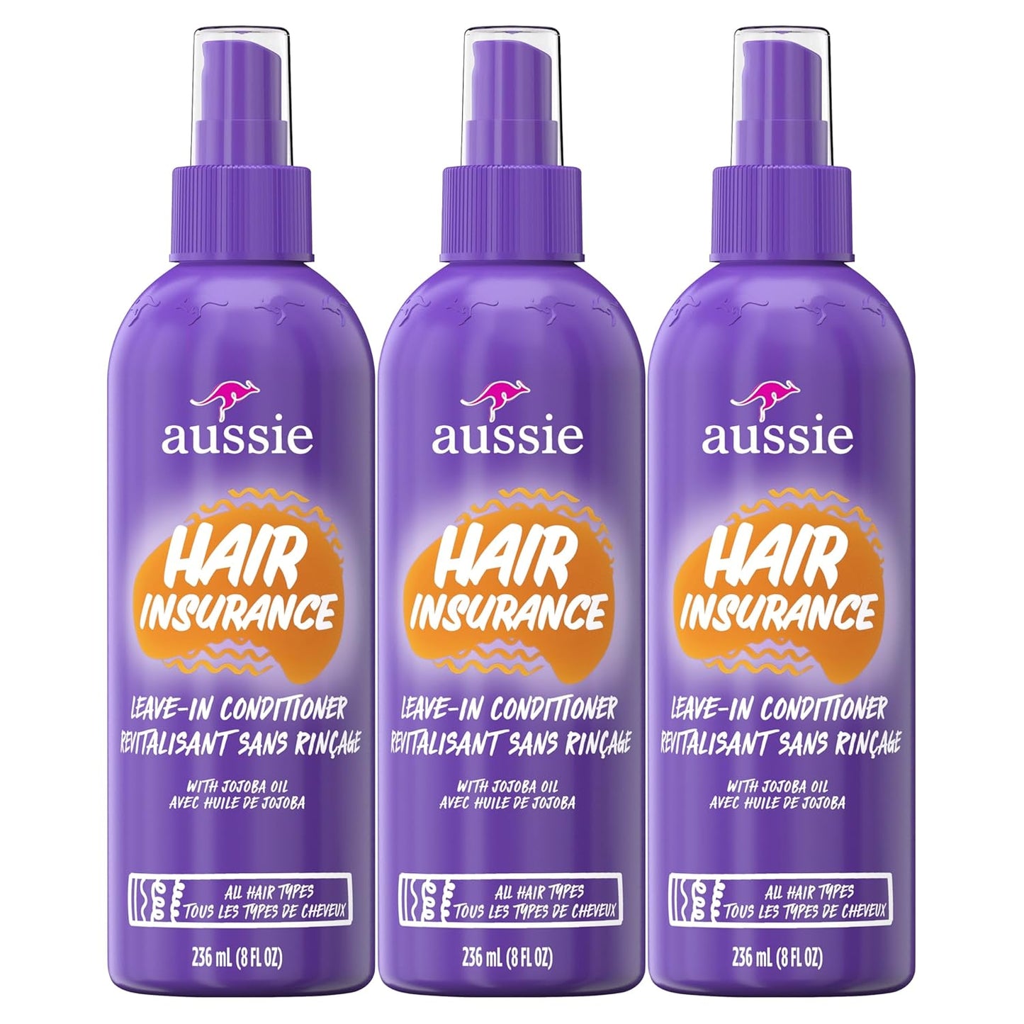 Aussie Frizz-Defying Leave-In Spray, Jojoba & Sea Kelp Blend - 8 oz x3