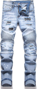 AITITIA Men's Biker Zipper Deco Washed Straight Fit Jeans (Style RKNJ)