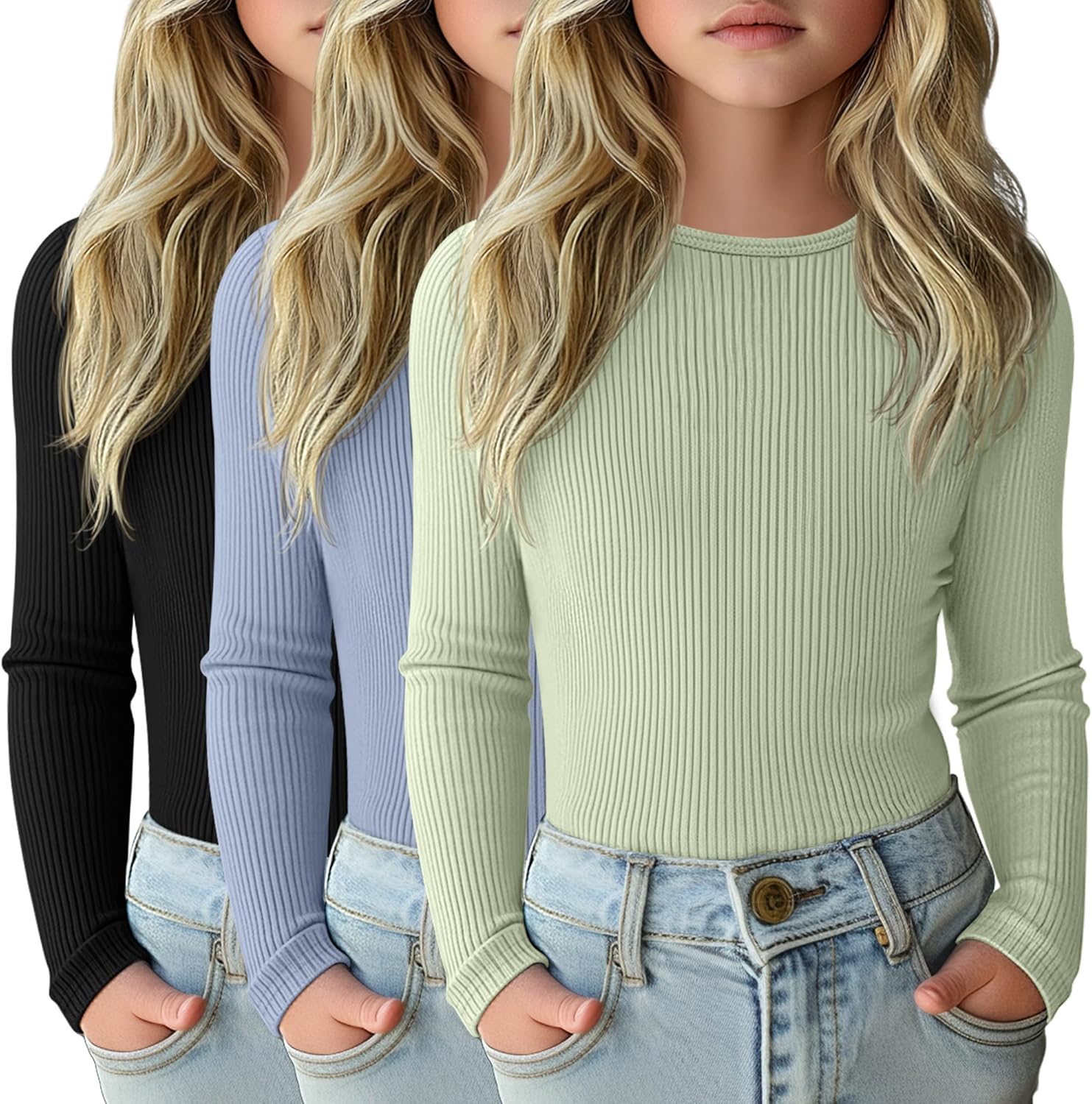 3 Pack Girls Long Sleeve Shirts for Casual Layering Tops
