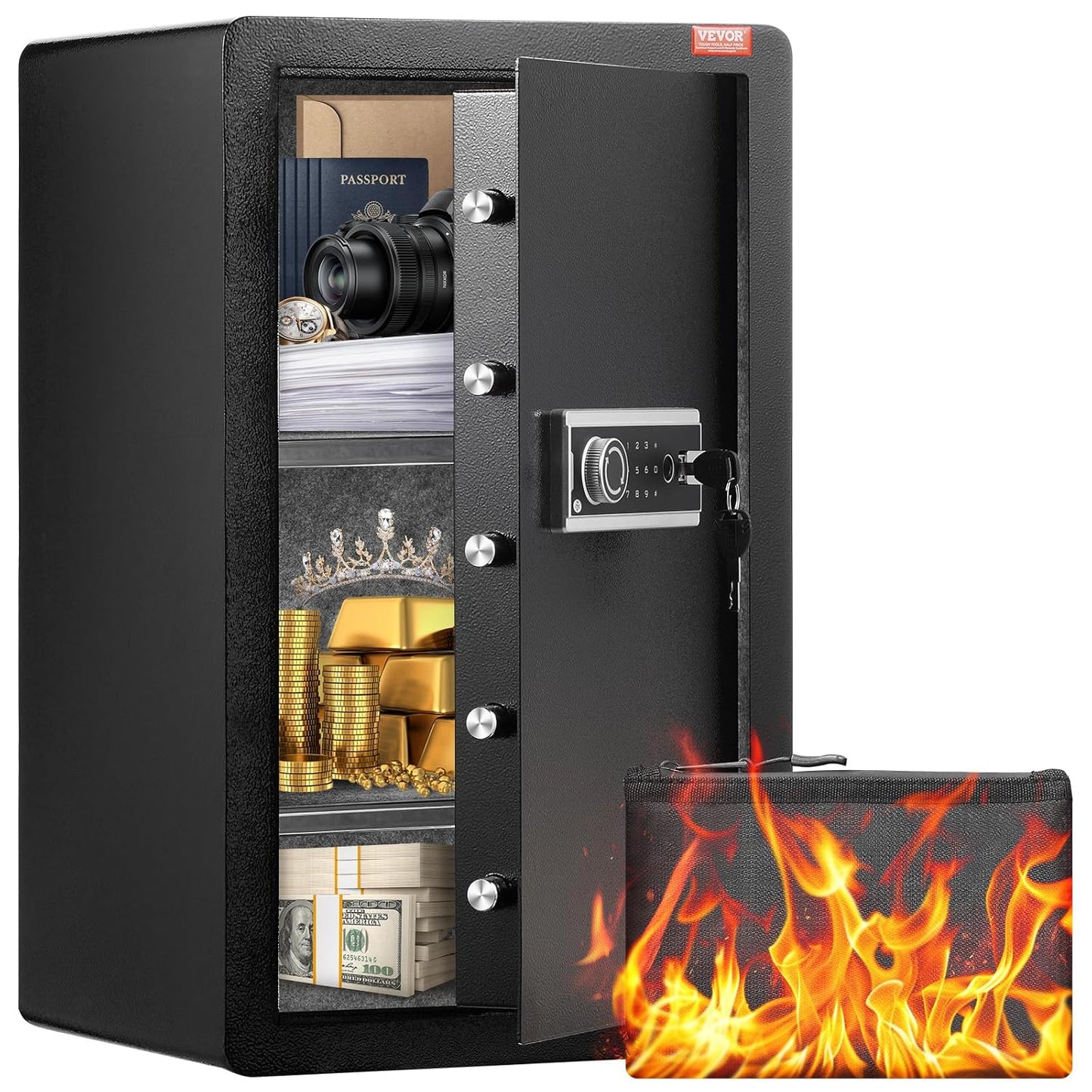 VEVOR Safe Box with Key Lock, Fingerprint & Fireproof Bag