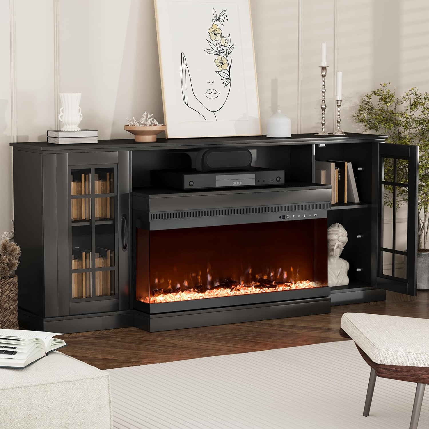 EROMMY 3-Sided Farmhouse TV Stand w/ Electric Fireplace