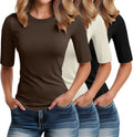 Elbow Length Tee Shirts for Women 3 Pack - Slim Fit Cotton Blend