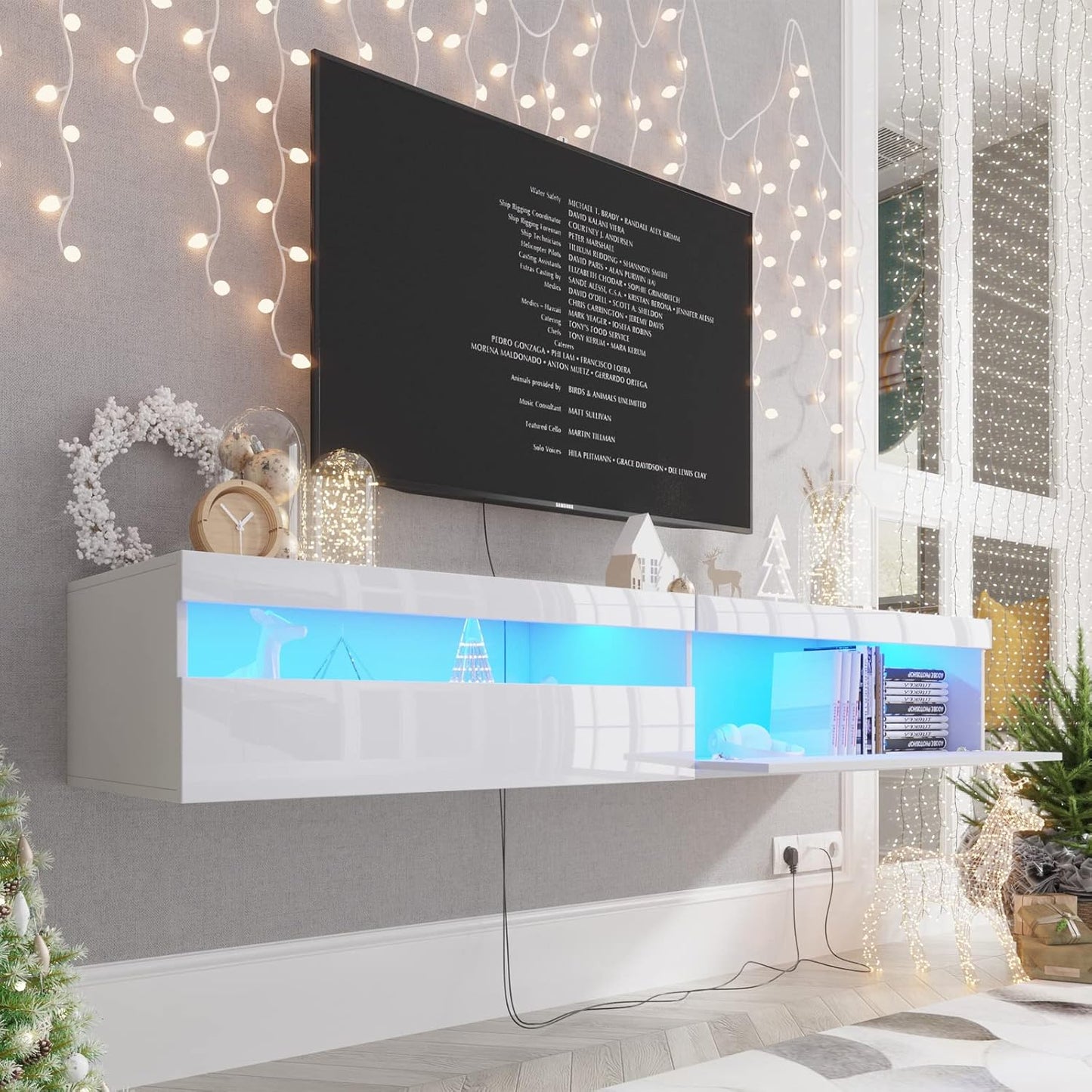 Modern 71 Floating TV Stand with LED Lights - White