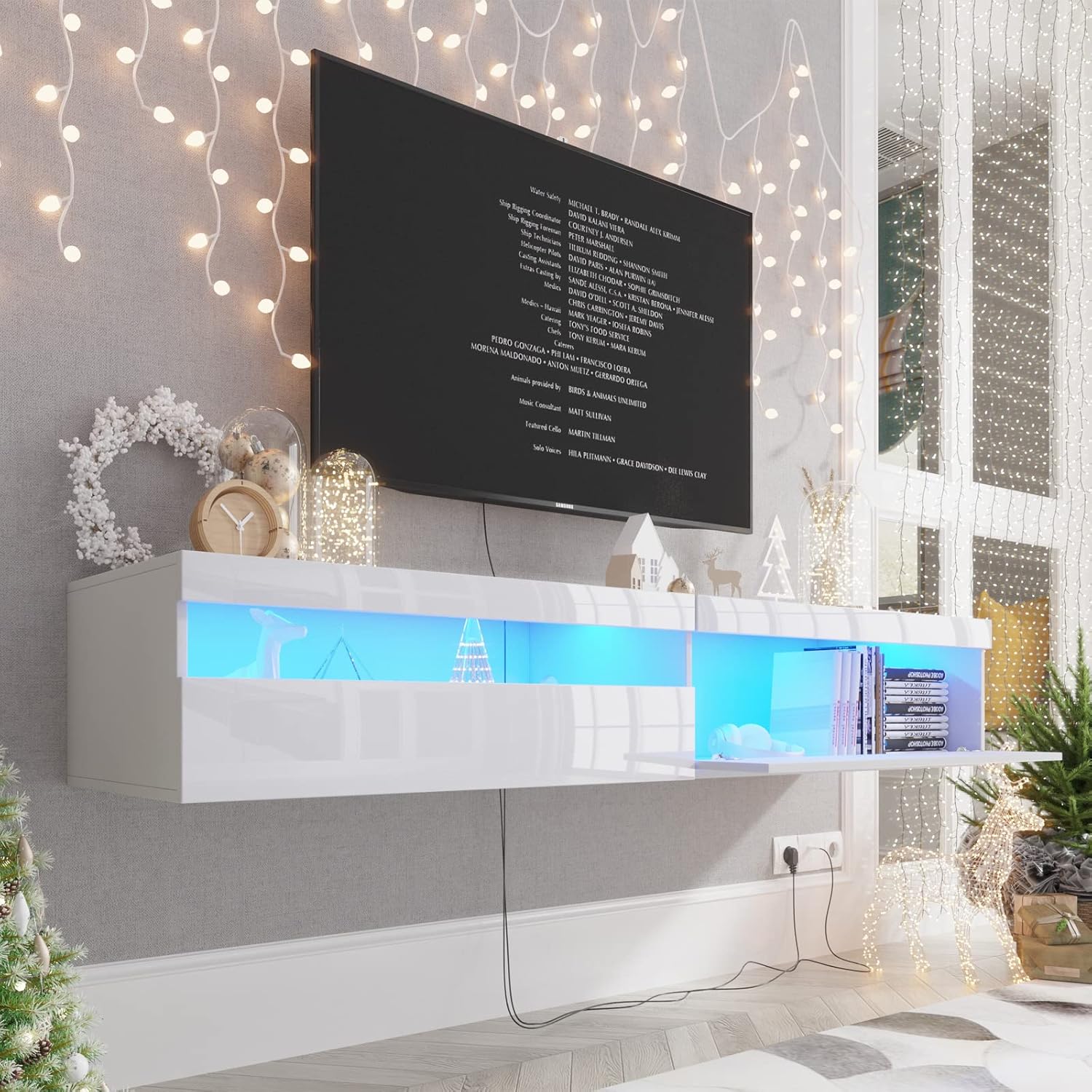 Modern 71 Floating TV Stand with LED Lights - White