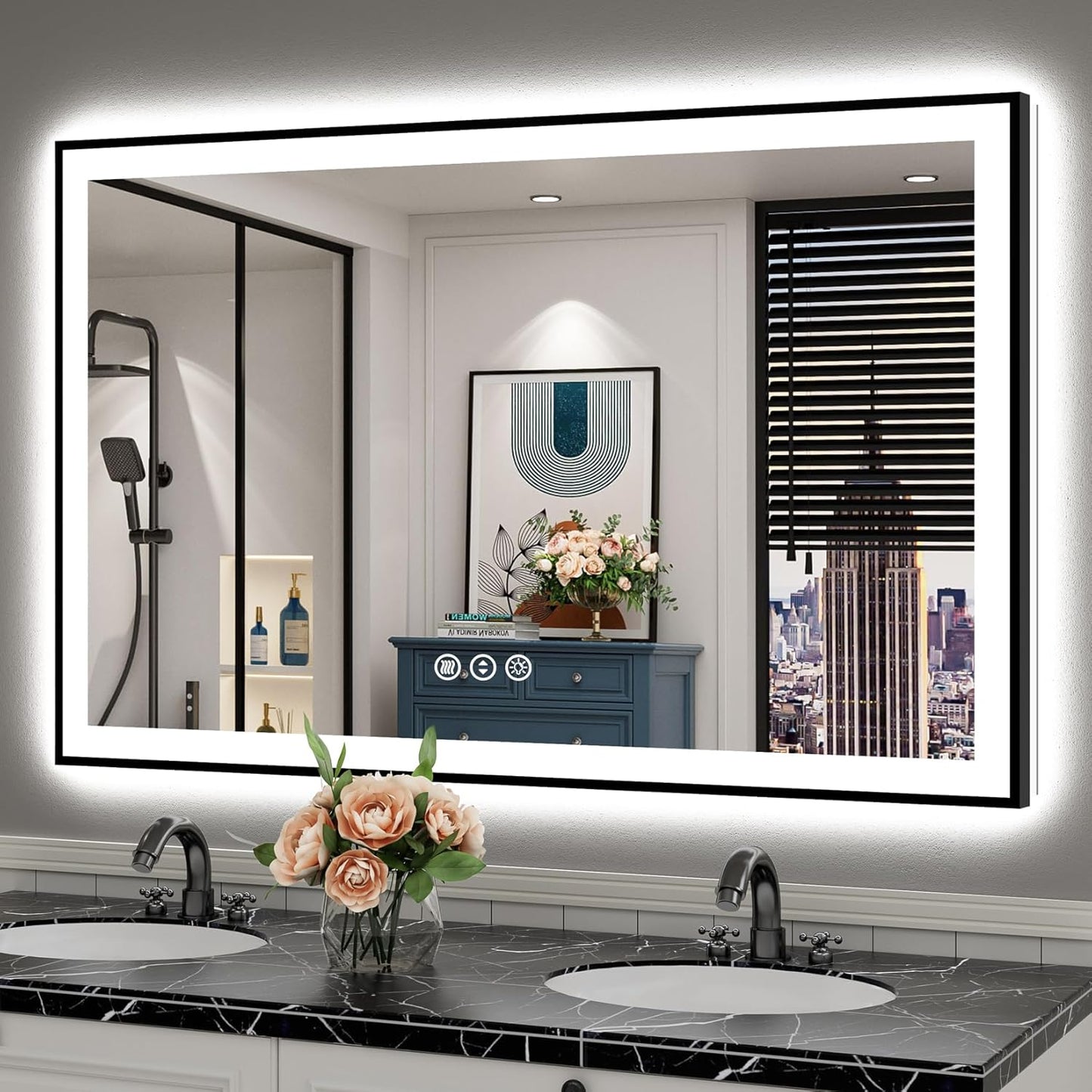50x32 Black Framed LED Bathroom Mirror with Lights for Style
