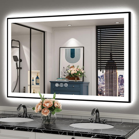 50x32 Black Framed LED Bathroom Mirror with Lights for Style