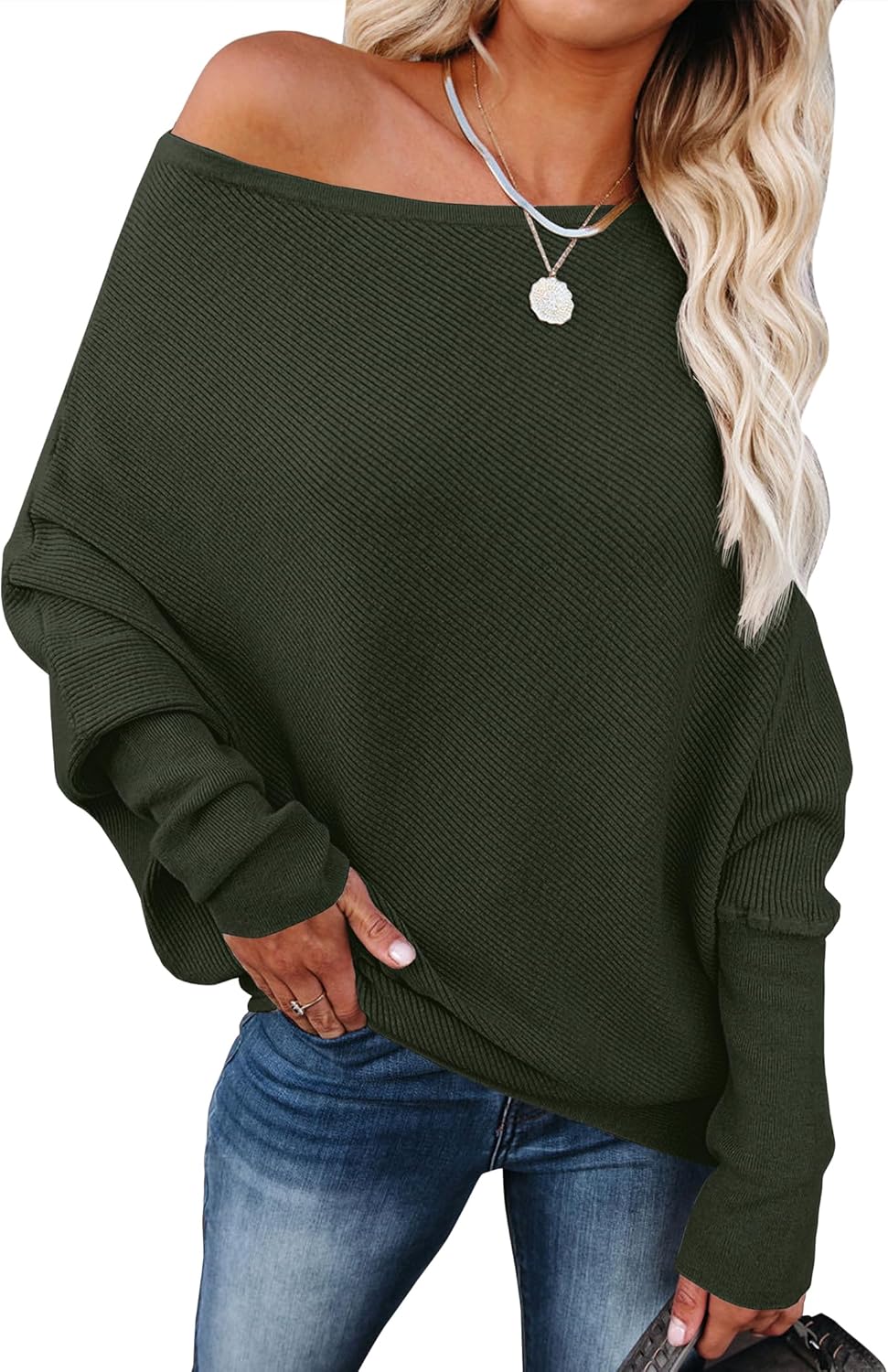 Womens Off Shoulder Sweaters for Fall - Loose Fit Knit Tops