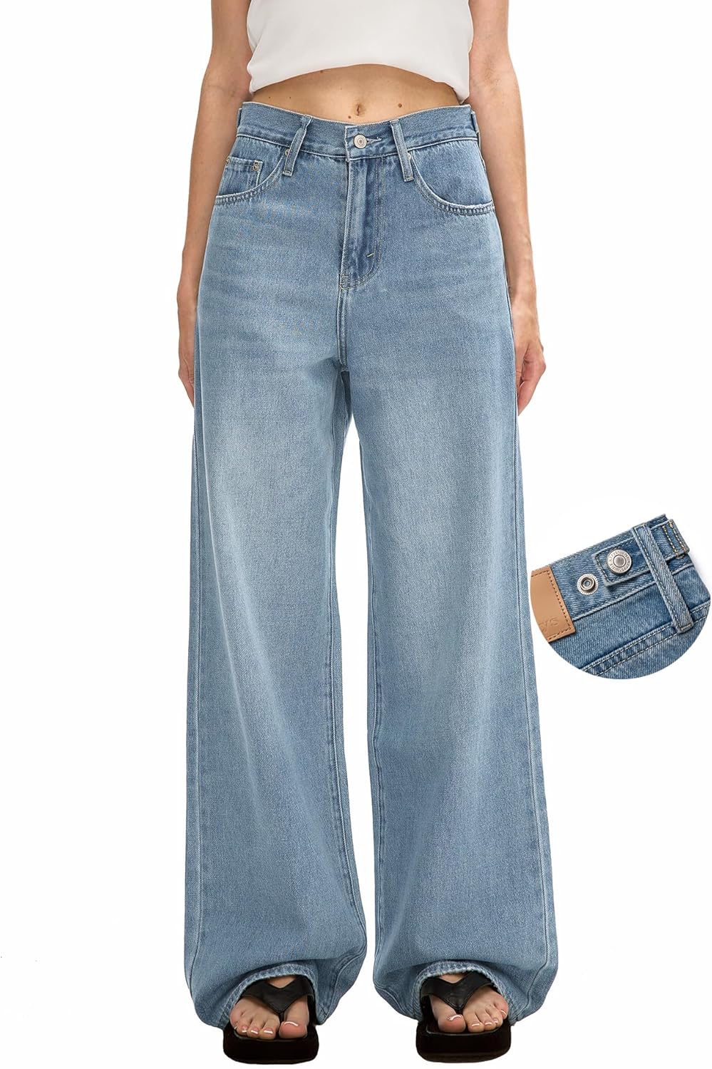 Women's Adjustable Baggy Jeans with Snap-Button Waistband