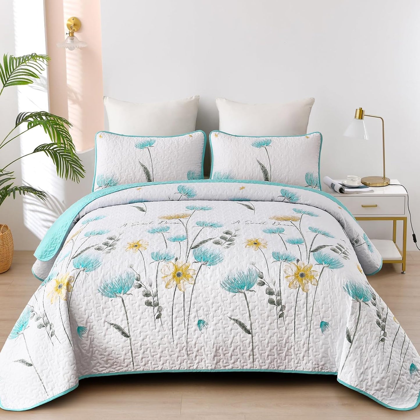 Dinjoy King Size Quilt Set Floral Aqua Lightweight Bedding