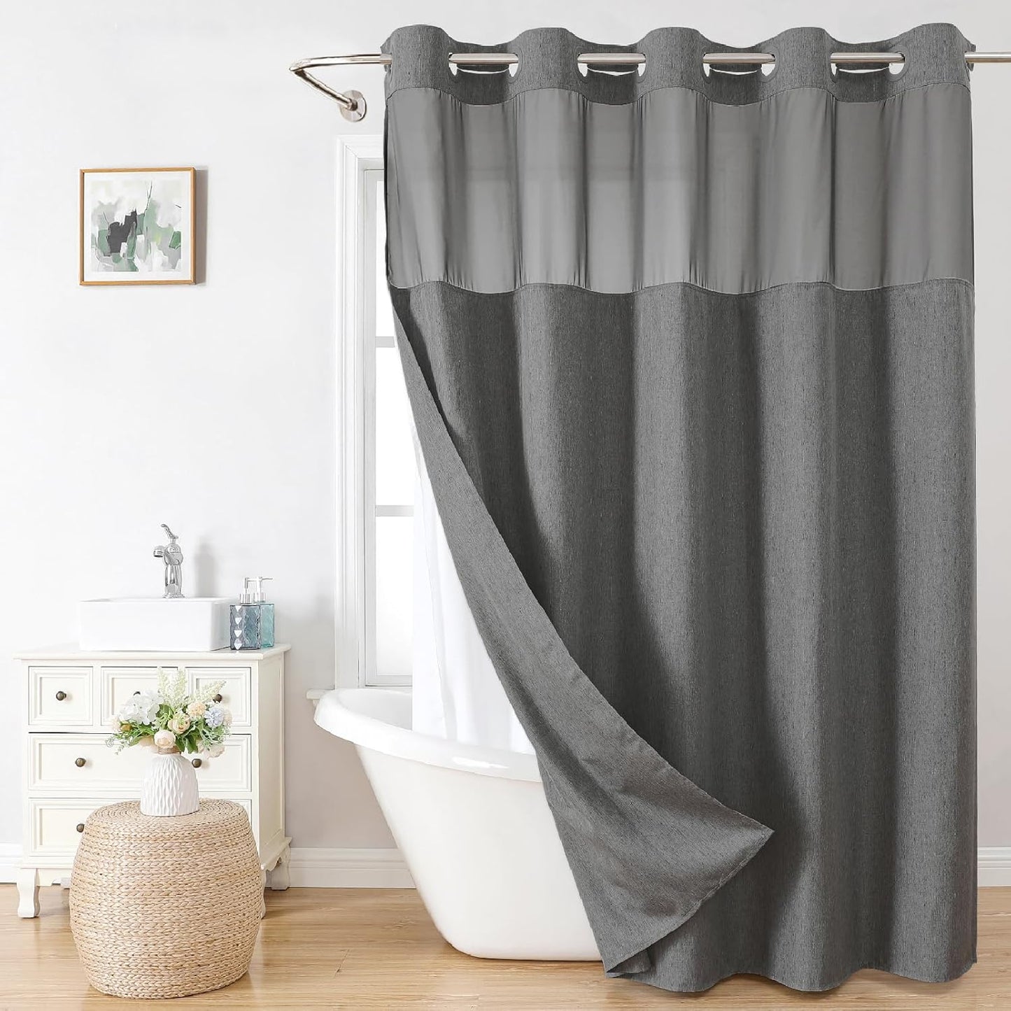 Linen Textured Shower Curtain with Snap-in Liner for Luxury Bath