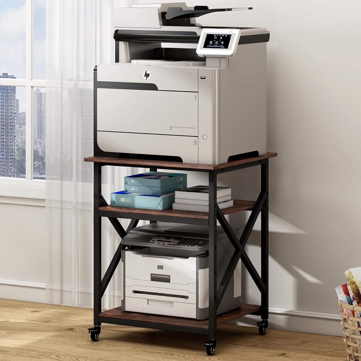 Large Printer Stand with Adjustable Shelves and Rolling Wheels