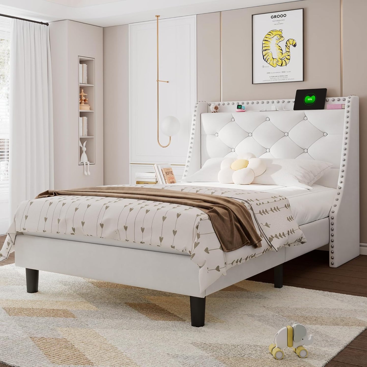 Feonase Velvet Twin Bed Frame with Luxury Wingback Design