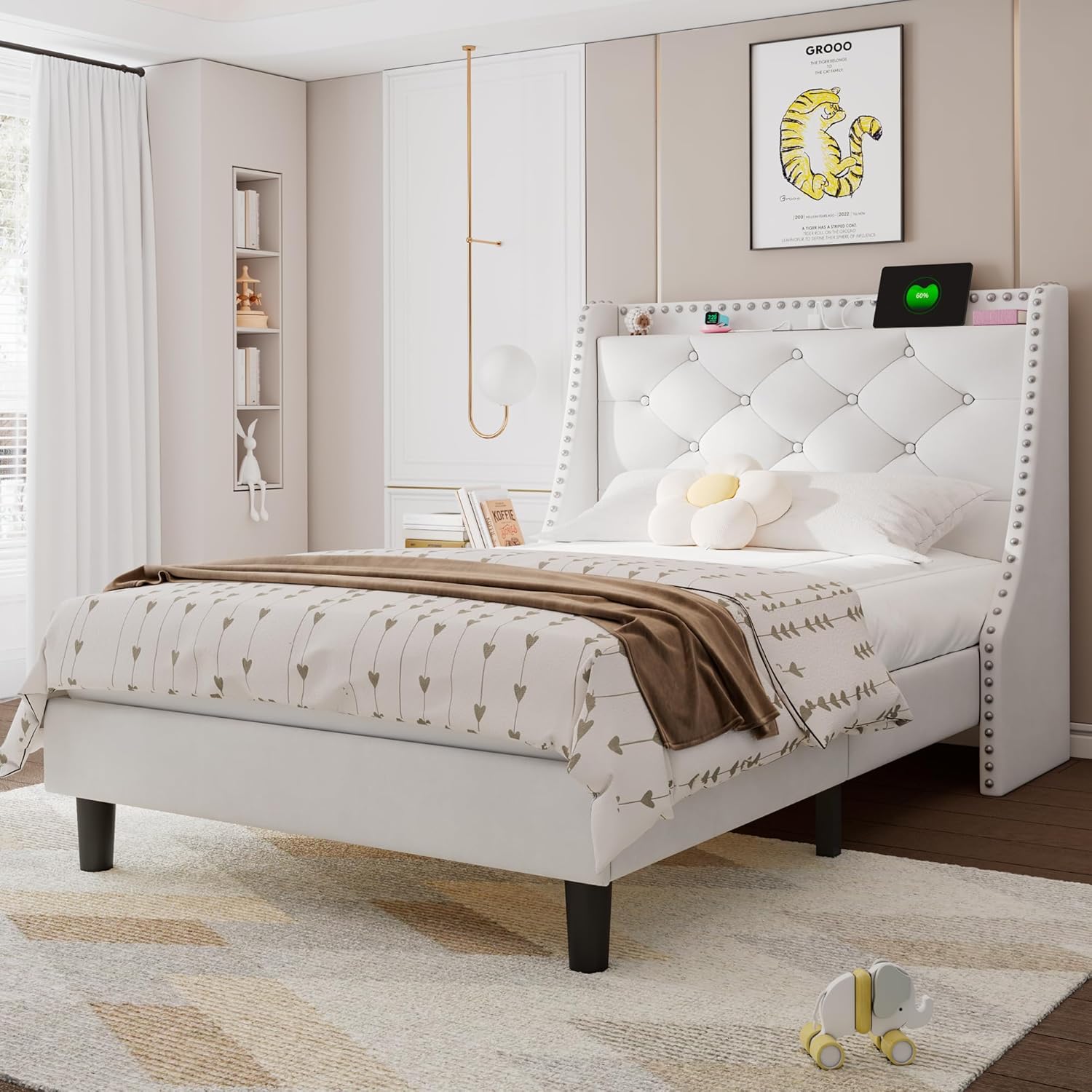 Feonase Velvet Twin Bed Frame with Luxury Wingback Design