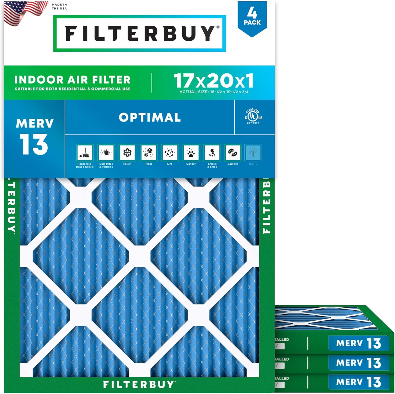 Filterbuy 17x20x1 Air Filter MERV 13 for Smoke & Allergy Defense