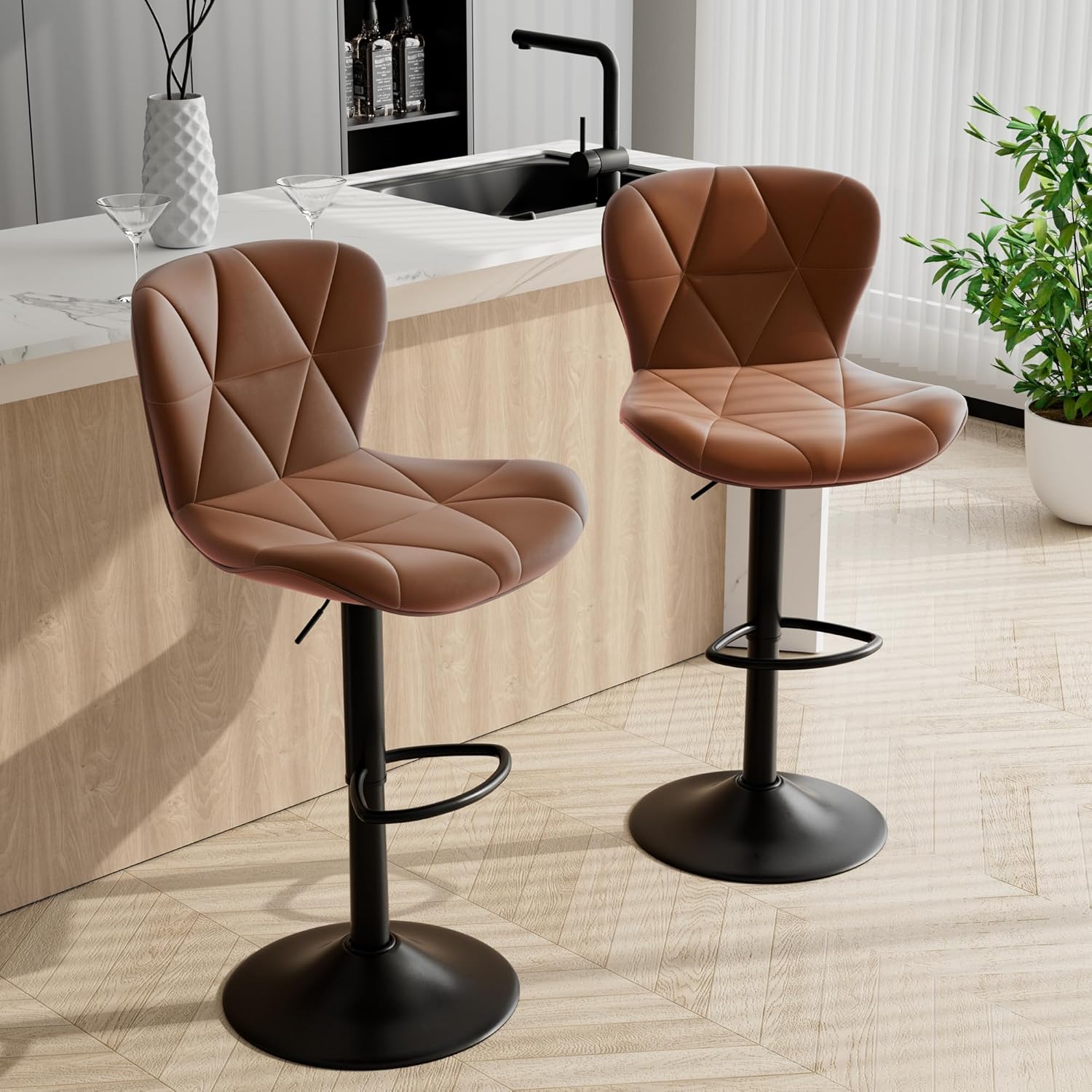 Faux Leather Bar Stools Set of 2 with High Backrest for Comfort