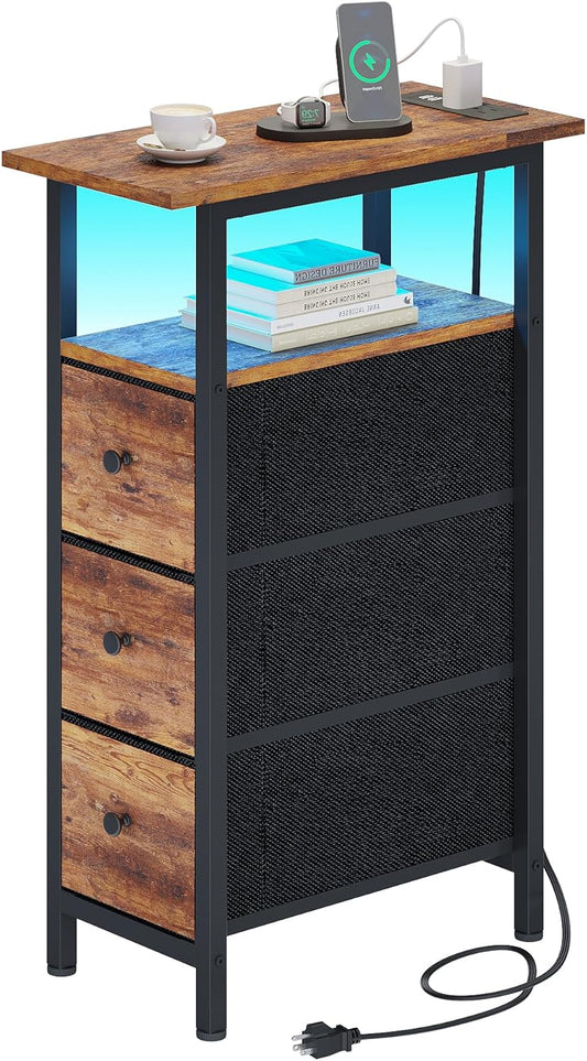End Table with Charging Station and LED Light for Small Spaces