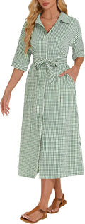 Women's Half Sleeve Plaid Midi Dress V Neck Belted - Casual Comfort