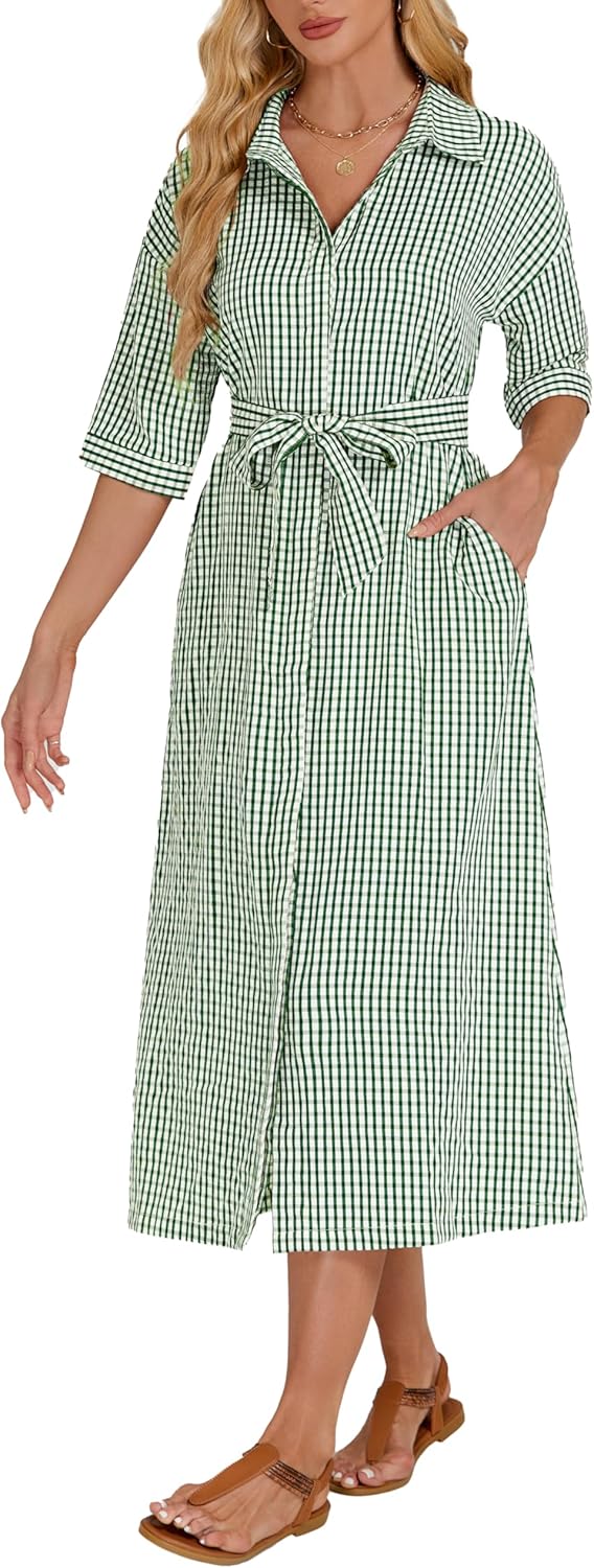 Women's Half Sleeve Plaid Midi Dress with Belted Casual Style