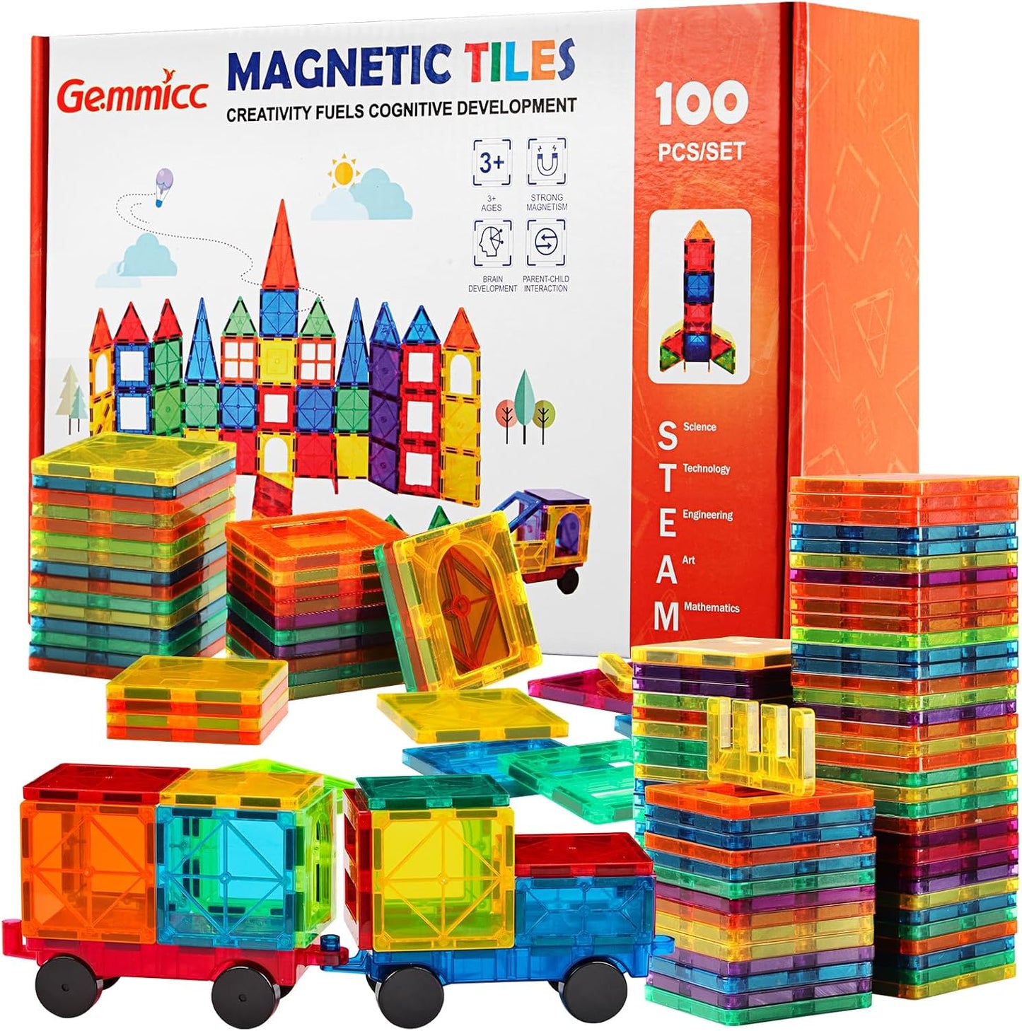 100 PCS Magnetic Tiles + 2 Cars - STEM Educational Fun!