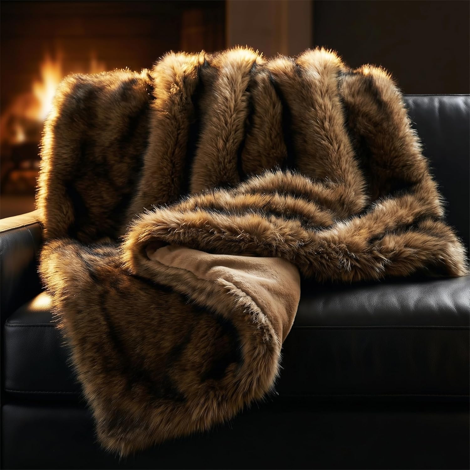 Faux Fur Throw Blanket - Luxury Fluffy Bear Brown Tipped Design